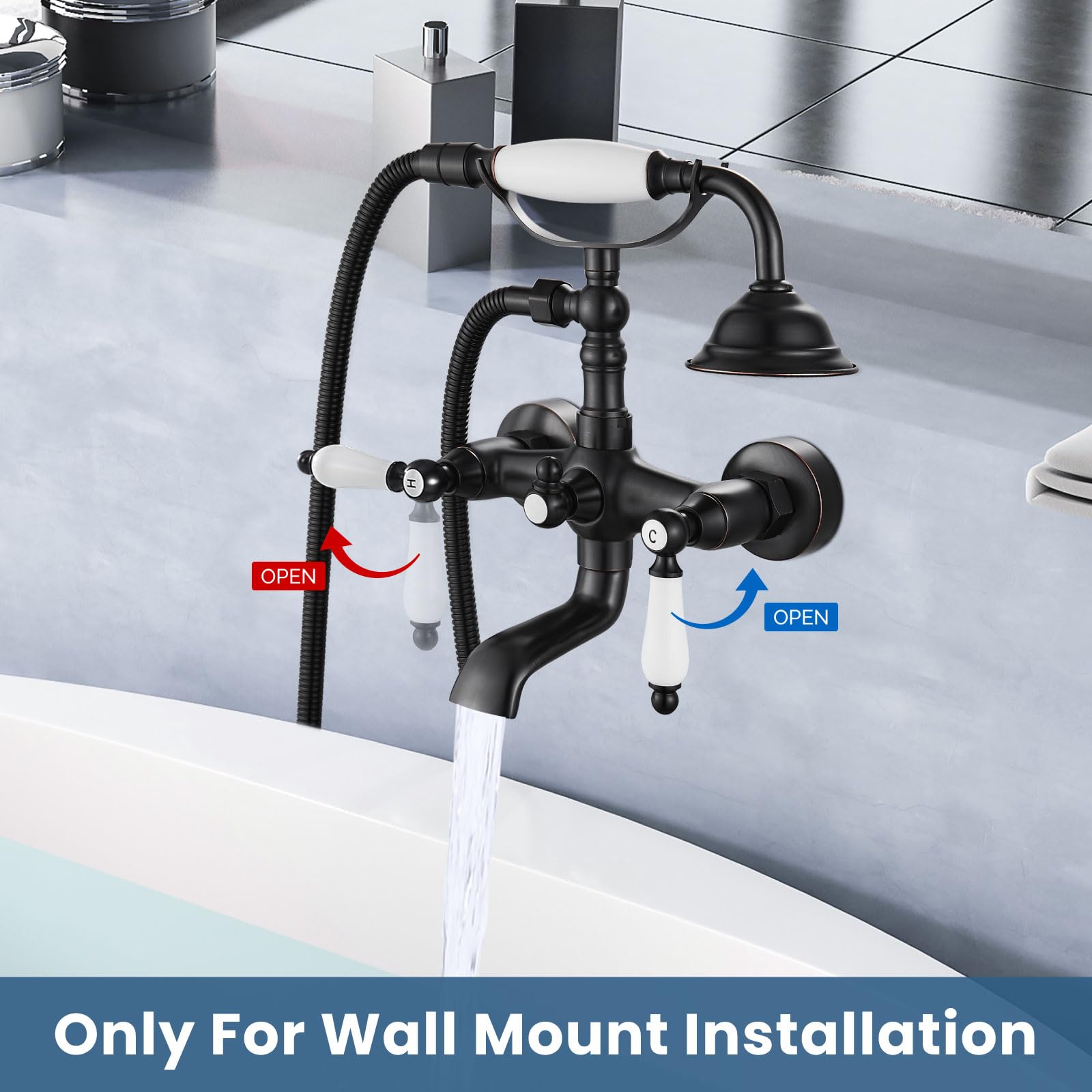 Oil Rubbed Bronze Wall Mount Tub Faucet with Telephone Shaped Handheld Shower Sprayer - Double Ceramic Lever Handles, Hot & Cold Water Mixer Tap - Perfect for Vintage & Industrial Style Bathrooms