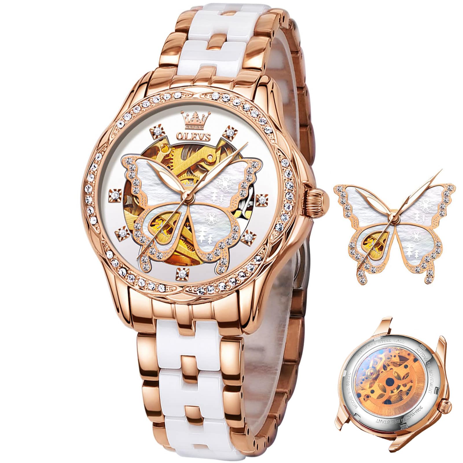 OLEVS Women's Luxury Diamond Automatic Self-Winding Watch - Elegant Stainless Steel & Ceramic Dress Watch with Luminous Hands, Waterproof for Daily Wear - Perfect for Business, Party & Special Occasions