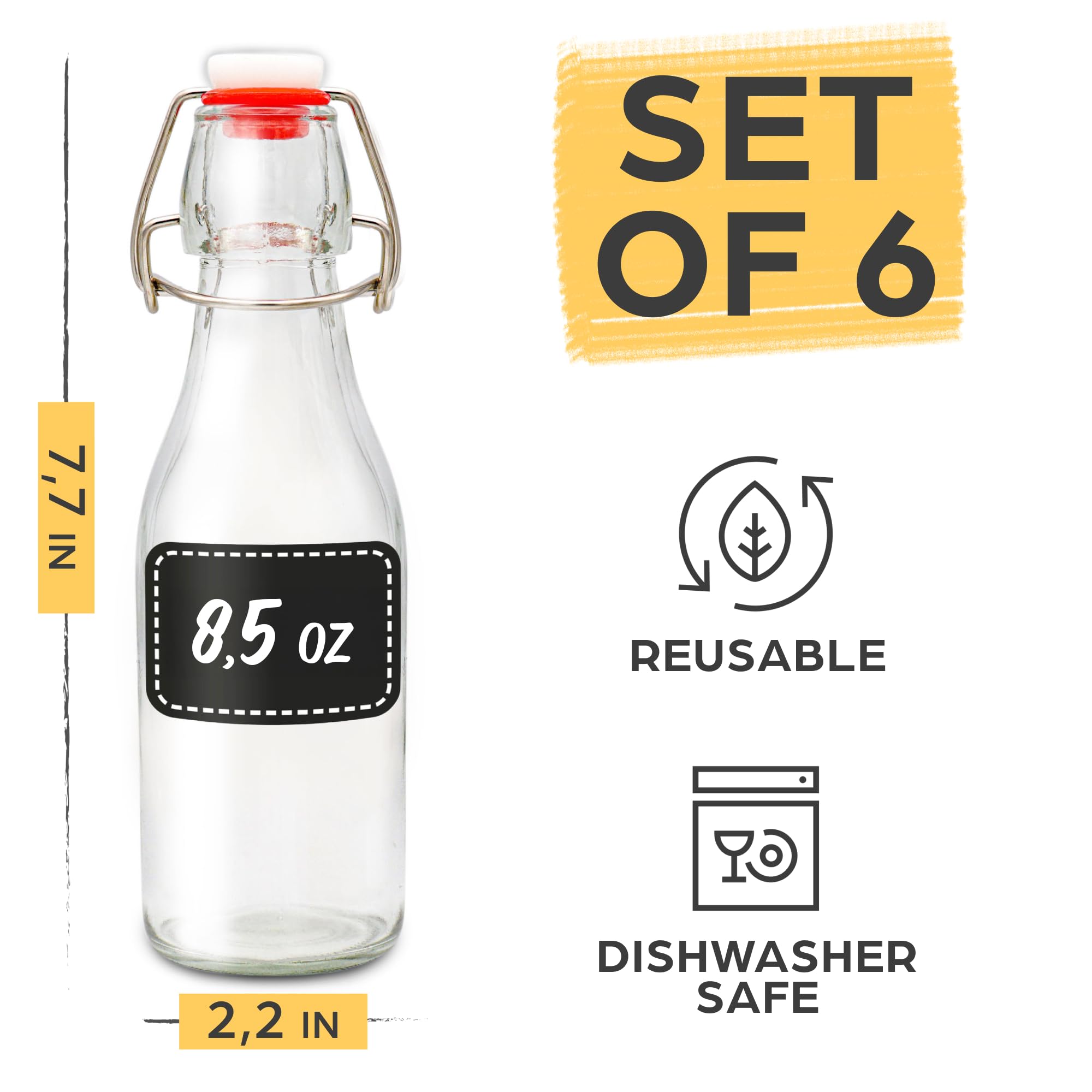 6-Pack 8oz Swing Top Glass Bottles with Airtight Flip Top Lids - Includes 12 Labels & Pen - Dishwasher Safe - Perfect for Homemade Kombucha, Cold Brew Coffee, and Juice Storage
