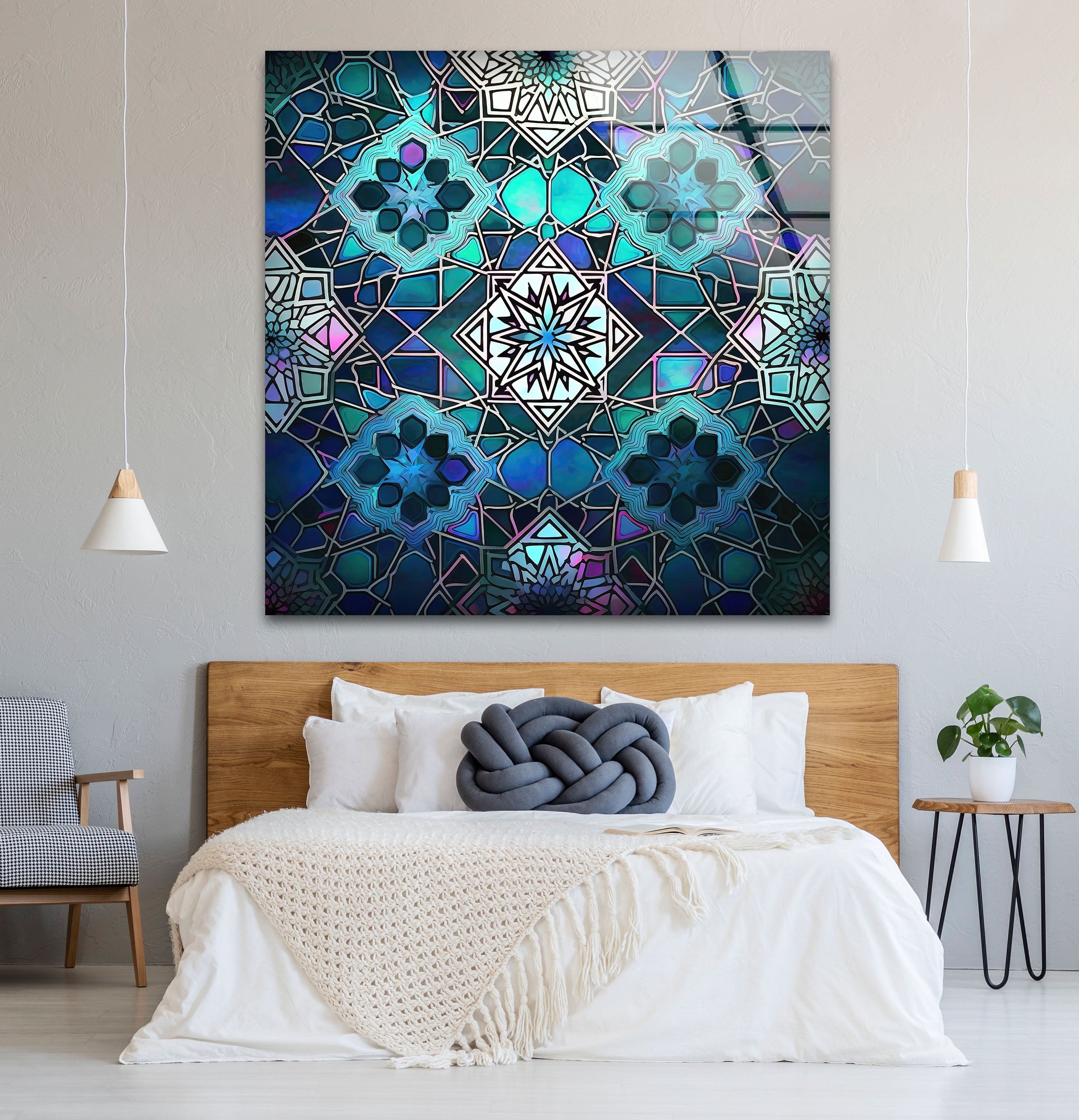 Blue Mosaic Star Glass Wall Art - Islamic Geometric Window Panel, Sacred Pattern Home Decor for Living Room, Bedroom & Mosque