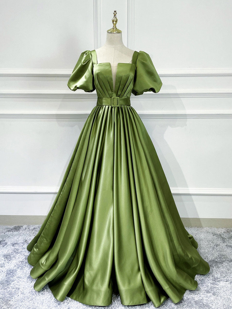 Elegant A-Line Satin Long Green Prom Dress | Formal Evening Gown for Graduation & Special Occasions | Perfect for Homecoming, Quinceañera & Black Tie Events