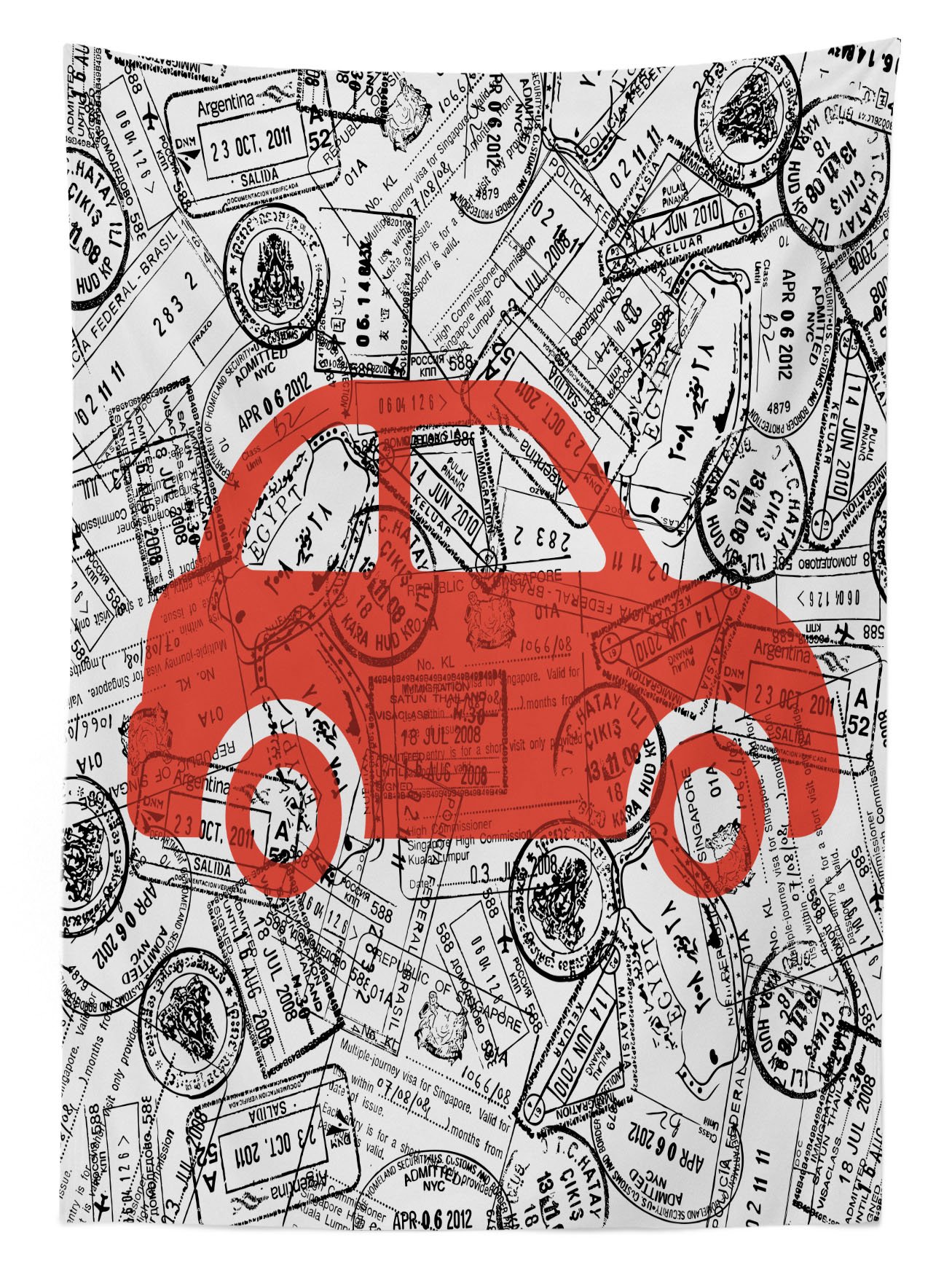 Lunarable Cartoon Outdoor Tablecloth - Little Car & Travel Themed Passport Stamps Abstract Design, Washable Picnic Table Cover 58x84 Inches (Black Orange White) for BBQs, Camping & Outdoor Dining