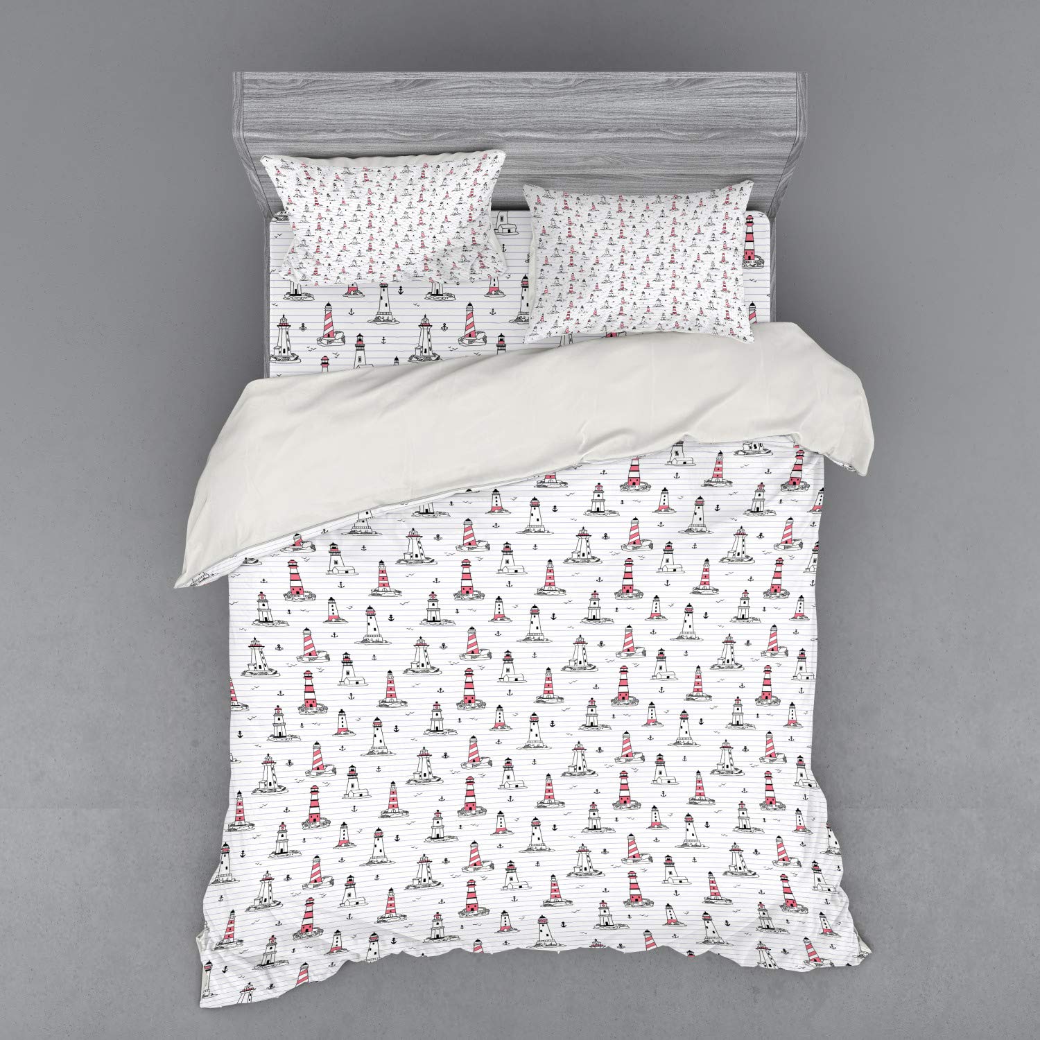 Ambesonne Lighthouse Bedding Set - Nautical Themed Duvet Cover with Seagulls & Anchors Doodle Design, 4-Piece Queen Size Set (Duvet Cover, Shams, Fitted Sheet) in Pink Lilac Black - Perfect for Coastal, Beach House or Nautical Decor Bedrooms