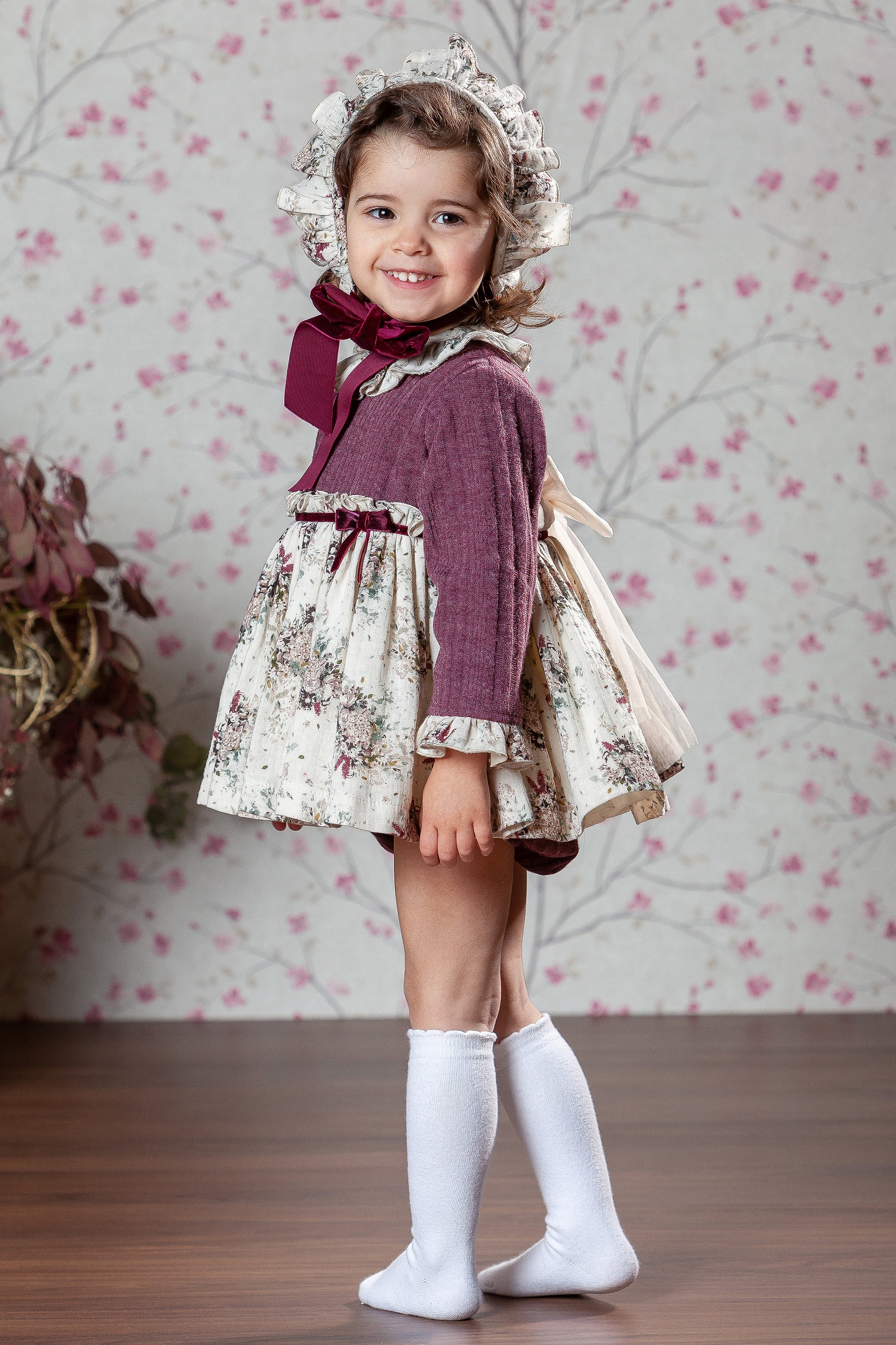 Juliette Burgundy Floral Dress with Bloomers & Bonnet - Vintage Style Baby Girl Outfit for Photoshoots, Parties & Special Occasions