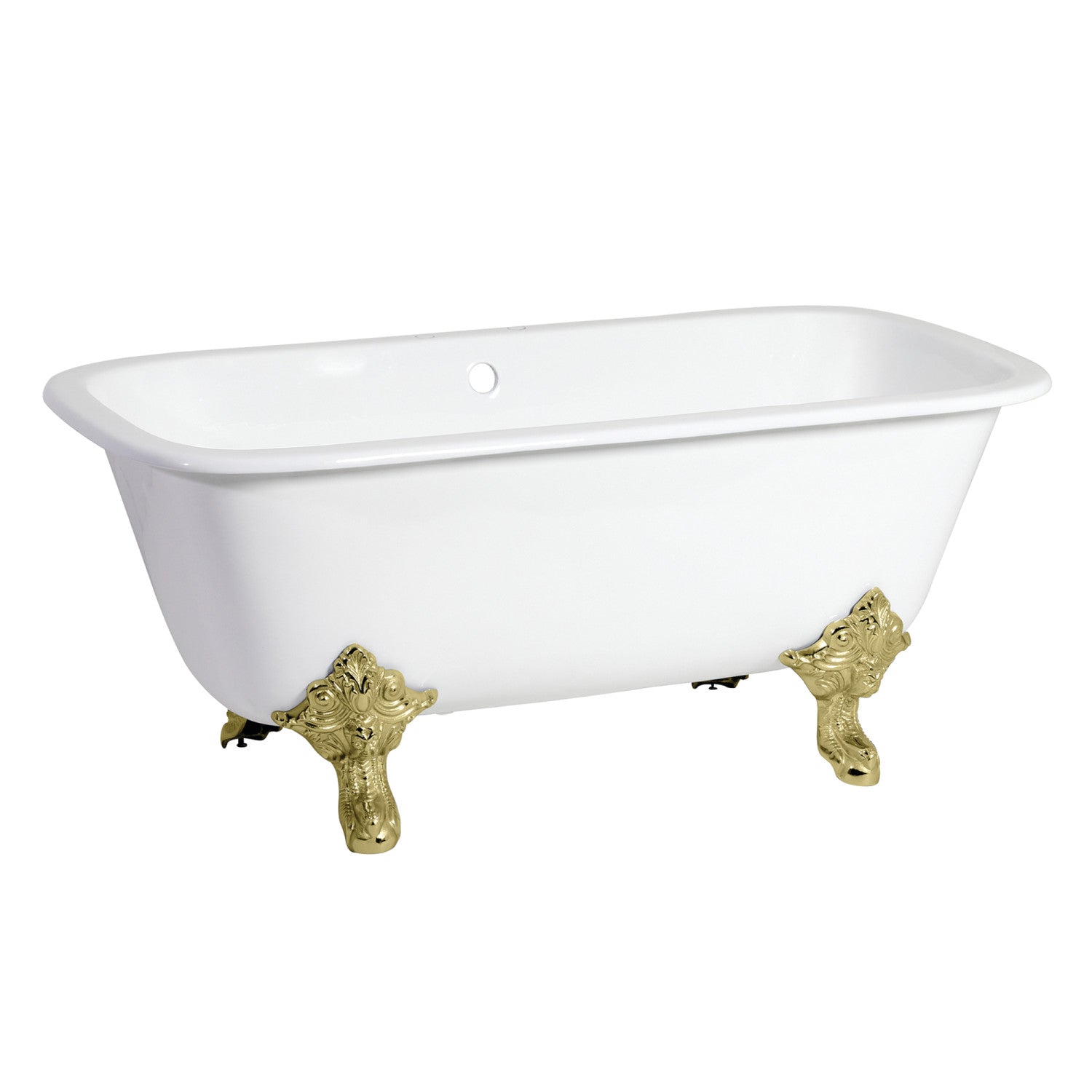 Aqua Eden 67 Inch White Cast Iron Clawfoot Bathtub with Polished Brass Feet - Double Ended Rectangular Tub with 7 Inch Faucet Drillings | Vintage Bathroom Centerpiece for Luxurious Soaking Experience
