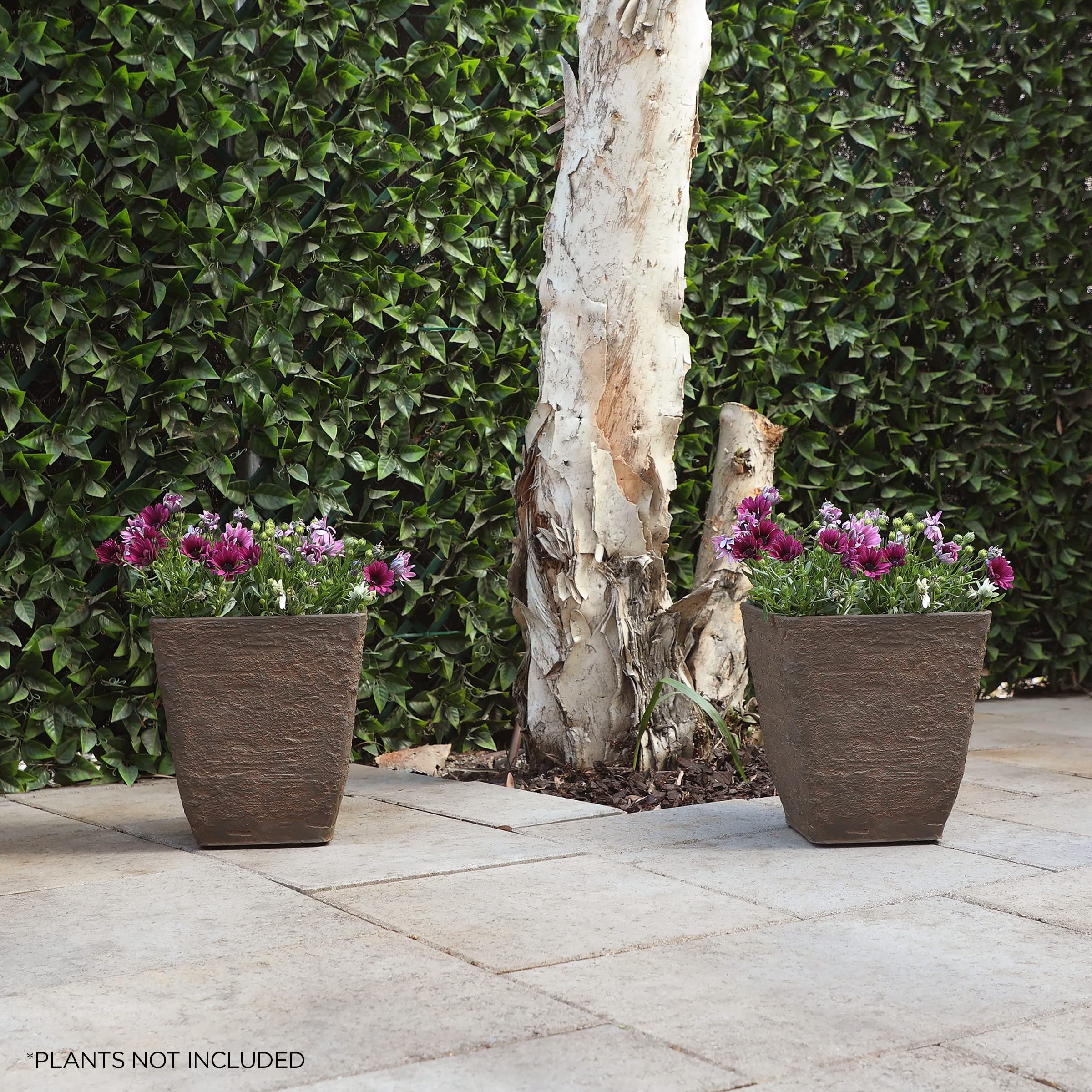 Alpine Corporation Indoor Outdoor Stone Look Square Planter Set of 2 - Small Brown Flower Pots for Patio, Garden, Deck & Home Decor