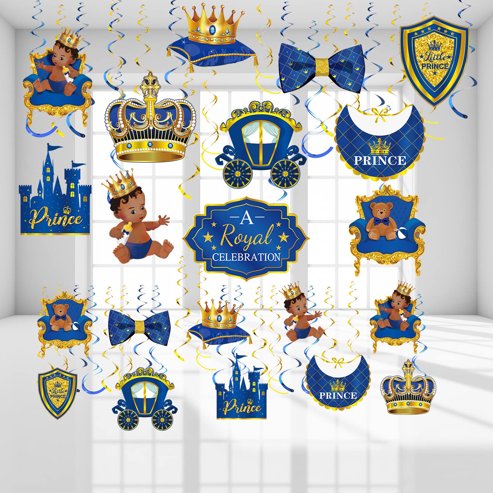 51 Pcs Royal Prince Party Hanging Swirl Decorations - Royal Blue Castle Crown Swirls for Baby Shower, Birthday & Themed Parties | Perfect for Boys' Prince-Themed Celebrations, Nursery Decor & Special Events