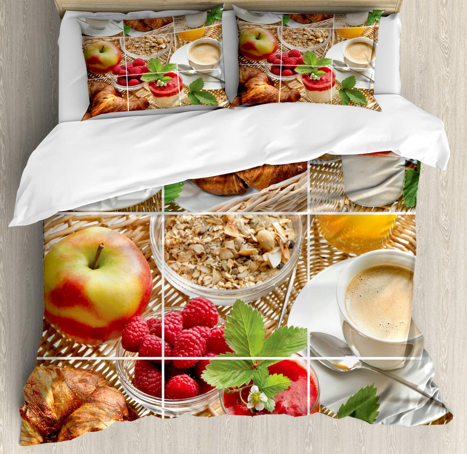 Ambesonne King Size Coffee Themed Duvet Cover Set - 3 Piece Bedding with 2 Pillow Shams, Breakfast Design Featuring Coffee, Croissants, Orange Juice, Strawberries & Yogurt, Vibrant Multicolor Print for Cozy Bedroom Decor | Perfect for Coffee Lovers' Homes, Cafes & Guest Rooms