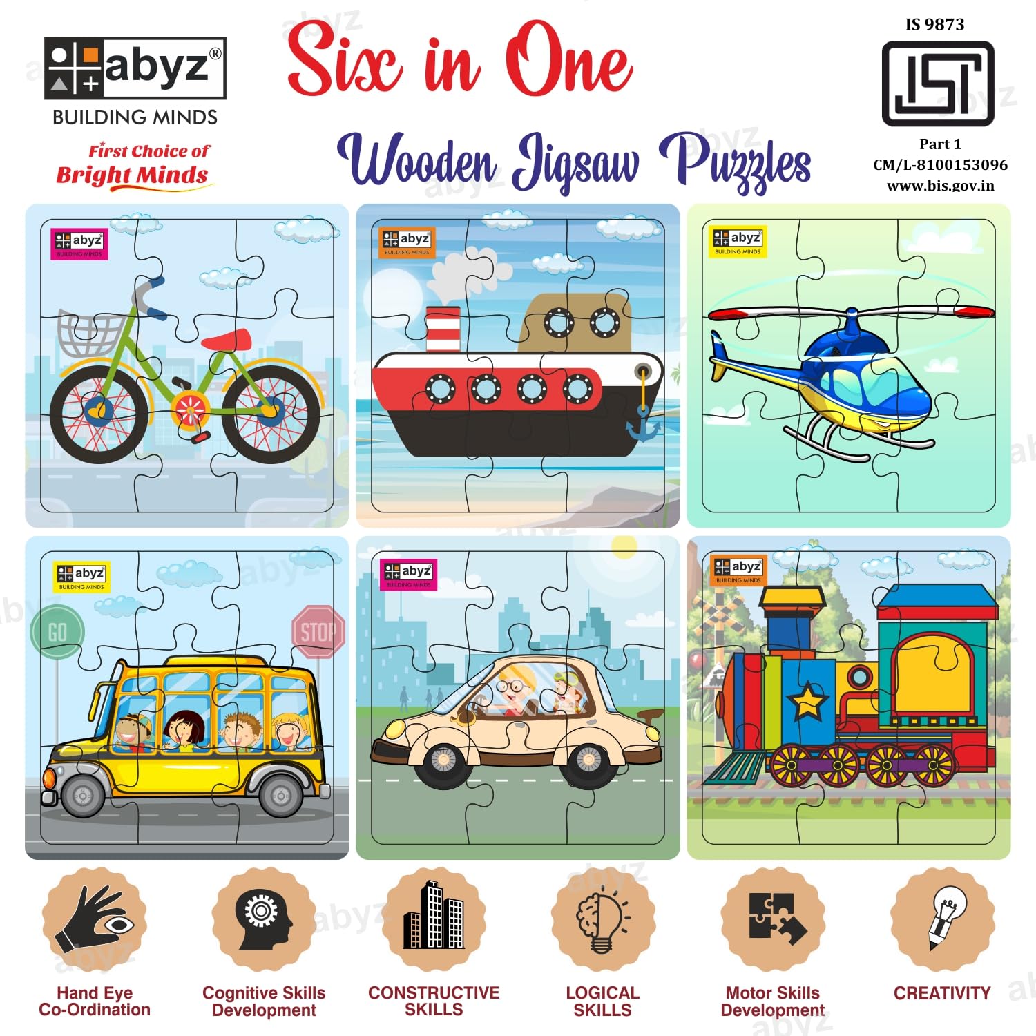 ABYZ 9-Piece Wooden Transportation Jigsaw Puzzle for Kids - Eco-Friendly Paperless Learning Toy (Set of 6) | Perfect for Preschool Education, Travel Entertainment & Montessori Activities