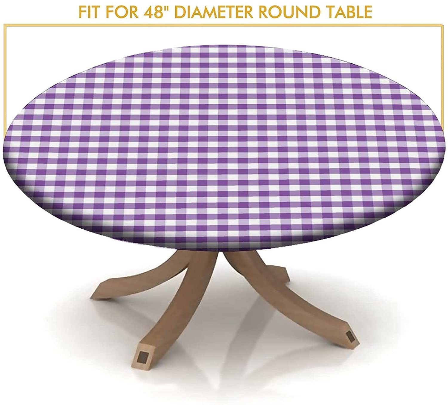 Purple and White Buffalo Check Checkered Round Fitted Tablecloth - 60 Inch Elastic Edge Gingham Table Cover - Waterproof Polyester Fabric for Indoor Outdoor Dining - Perfect for Buffet Parties, Picnics, and Holiday Decorations