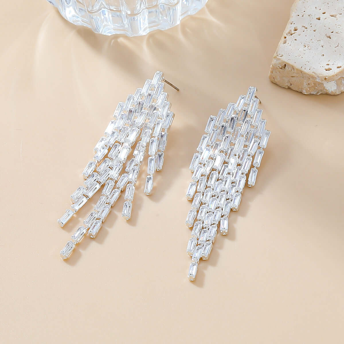 Sparkly Baguette CZ Tassel Waterfall Earrings for Women - Elegant Crystal Drop Dangle Earrings for Party, Wedding & Evening Wear | A7616