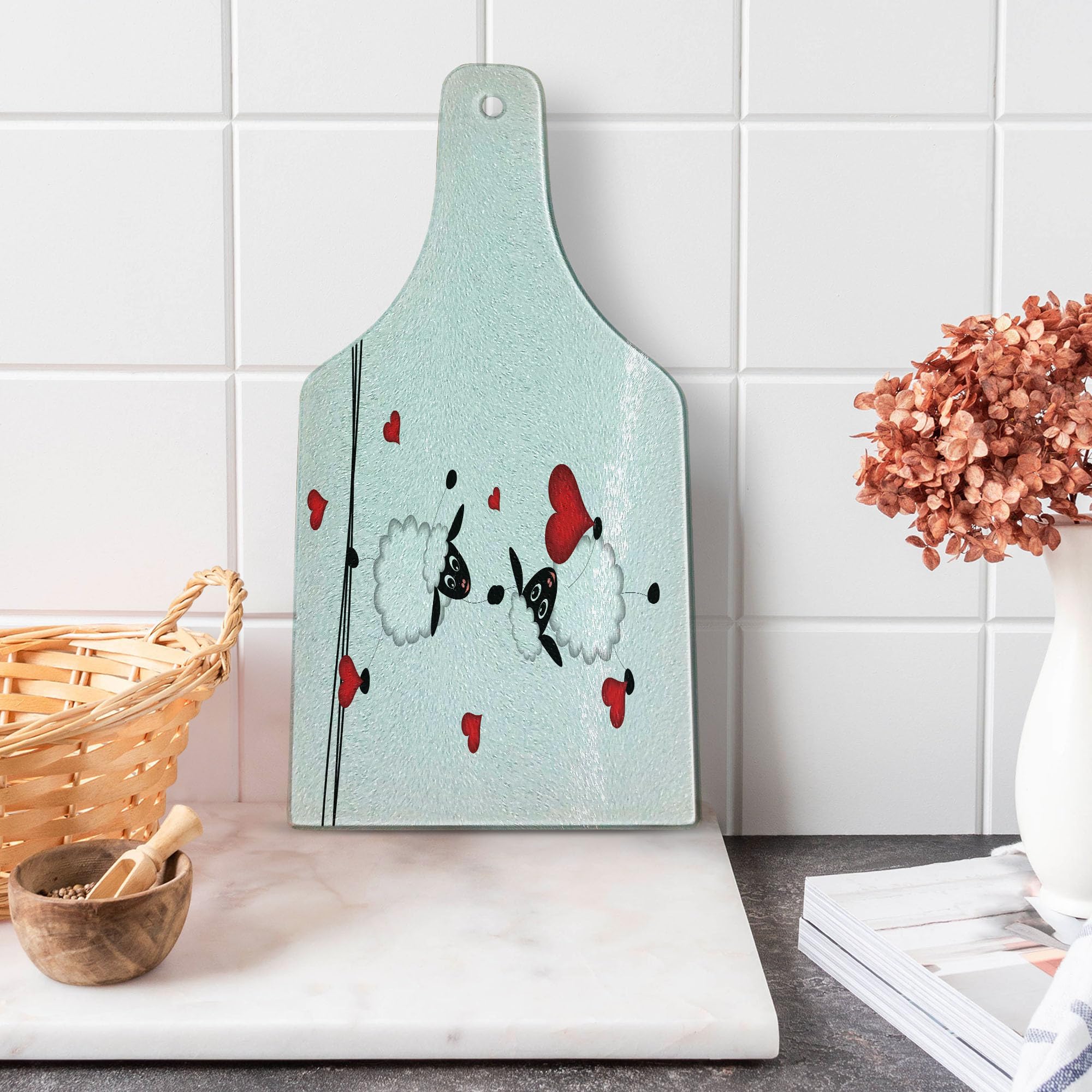 Ambesonne Animal Themed Cutting Board - Sheep Couple with Heart Shapes, Fun Cartoon Art, Tempered Glass Serving Board for Kitchen & Dining | Perfect for Wine Bottle Display, Charcuterie, and Home Decor (Red, White, Black)