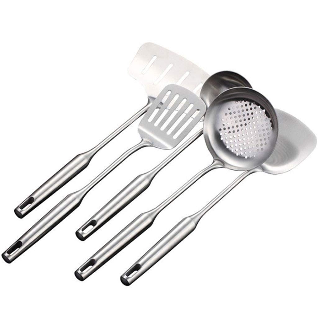 5-Piece 304 Stainless Steel Kitchen Utensil Set with Long Handle - Spatula, Soup Ladle & Cooking Tools for Baking, Frying & Serving - Durable Kitchenware for Home & Restaurant Use
