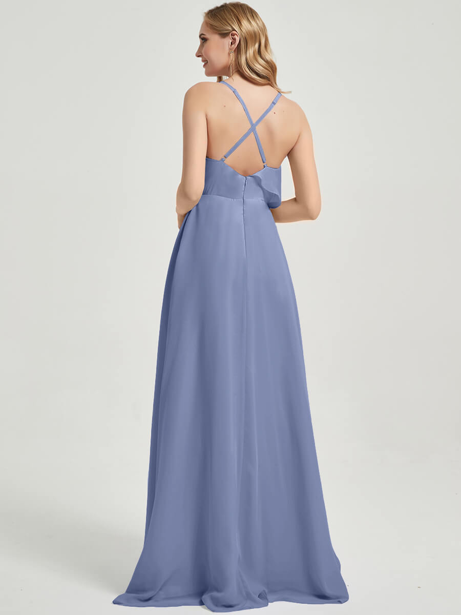 Elegant Criss Cross Straps Ruffles Slit Chiffon Maxi Bridesmaid Dress in Slate Blue - Perfect for Weddings, Formal Events & Evening Parties