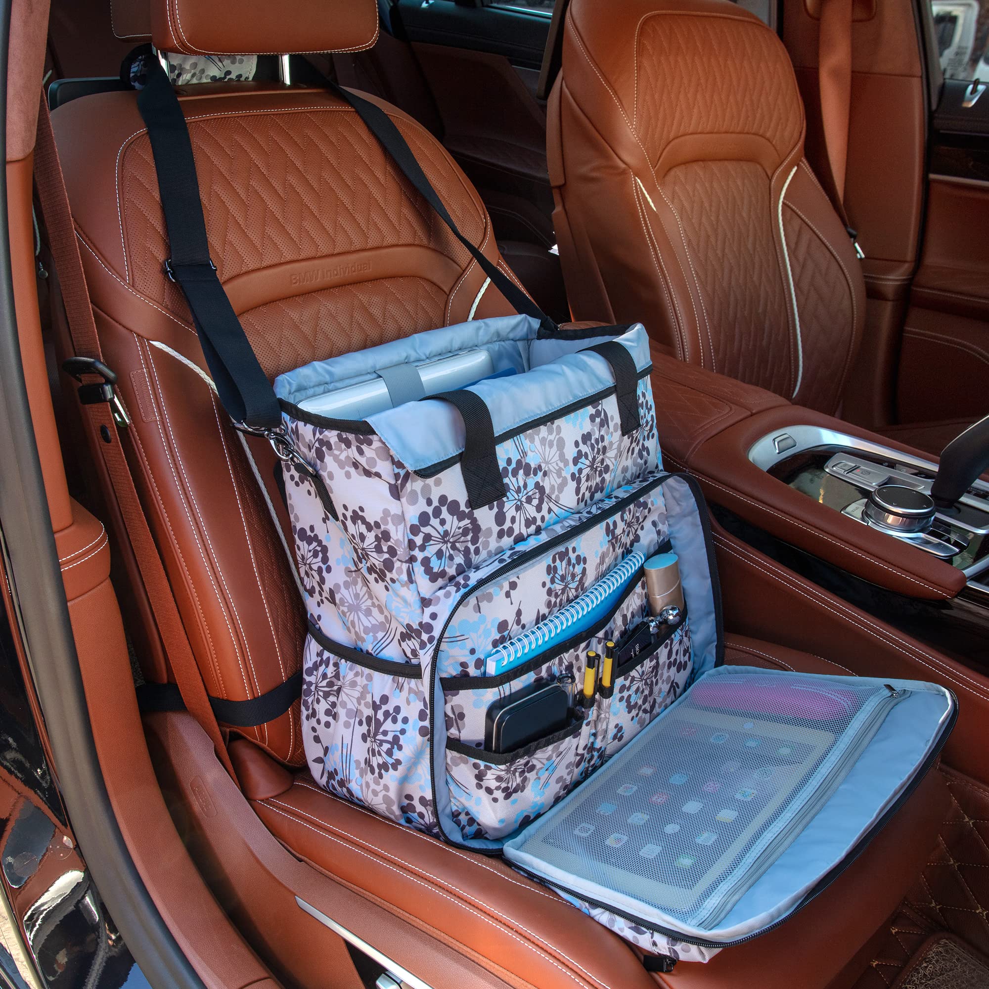 BAFASO Car Seat Organizer with Laptop Sleeve & Adjustable Shoulder Strap - Universal Front Seat Storage Organizer for Phones, Keys, Snacks - Perfect for Road Trips, Commuting & Family Travel