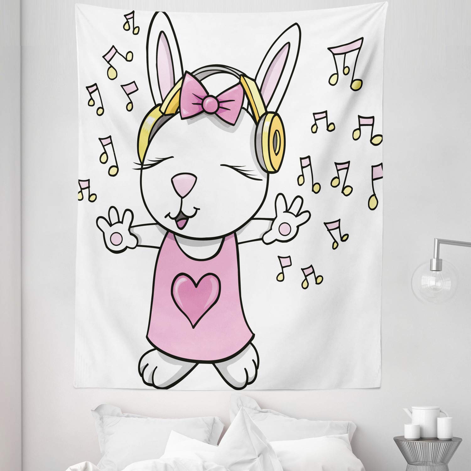 Ambesonne King Size Bunny Tapestry - Rock Star Rabbit with Music Notes, Heart Cartoon Design, Pale Pink & Yellow Wall Hanging, Bedspread, Bed Cover, Perfect for Girls Room Decor, Humor Theme, 68