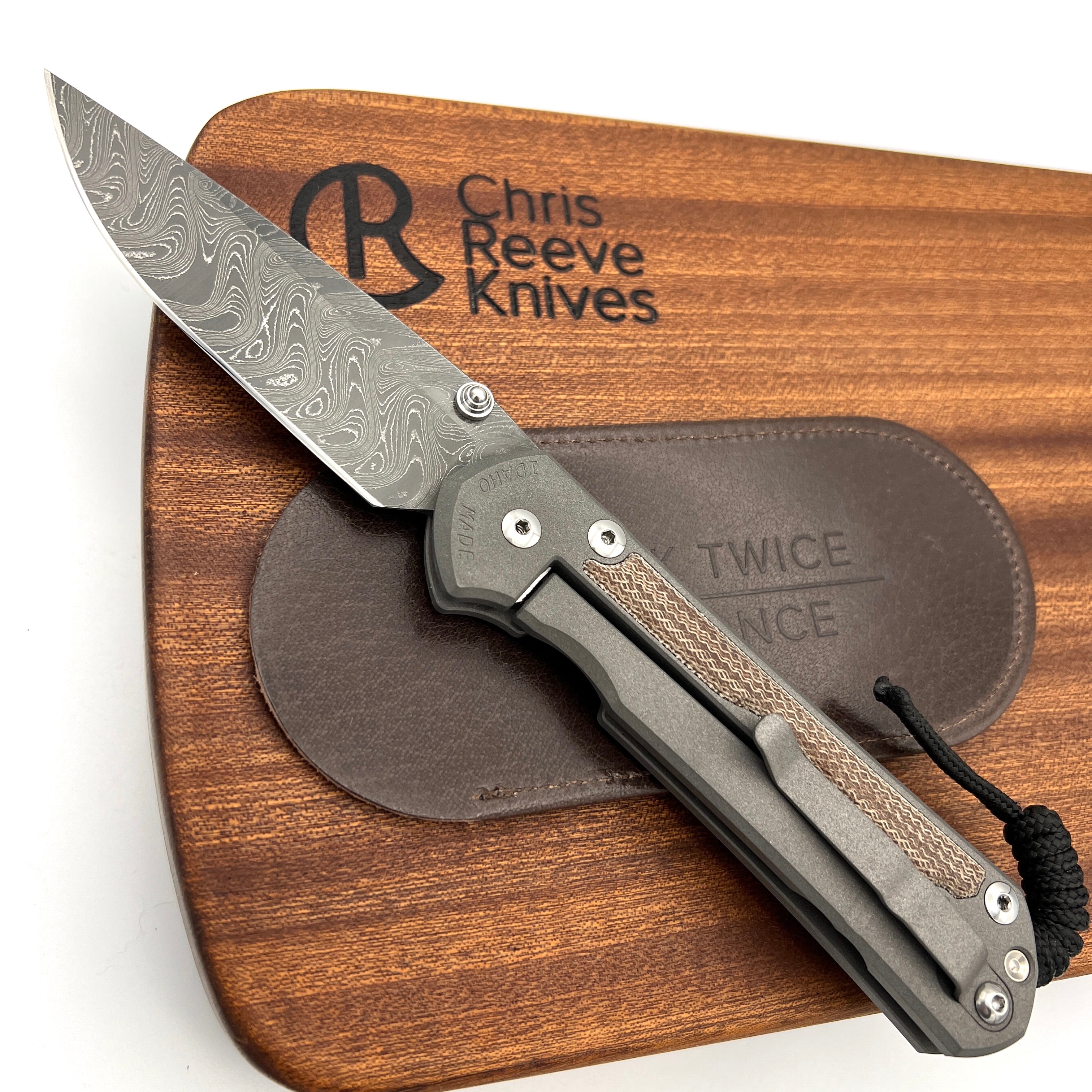 Chris Reeve Knives Large Sebenza 31 Drop Point Folding Knife - Boomerang Damascus Blade, Left-Hand Natural Canvas Micarta Inlay & Double Silver Lug - Perfect for Outdoor Camping, Hunting, and EDC Collection