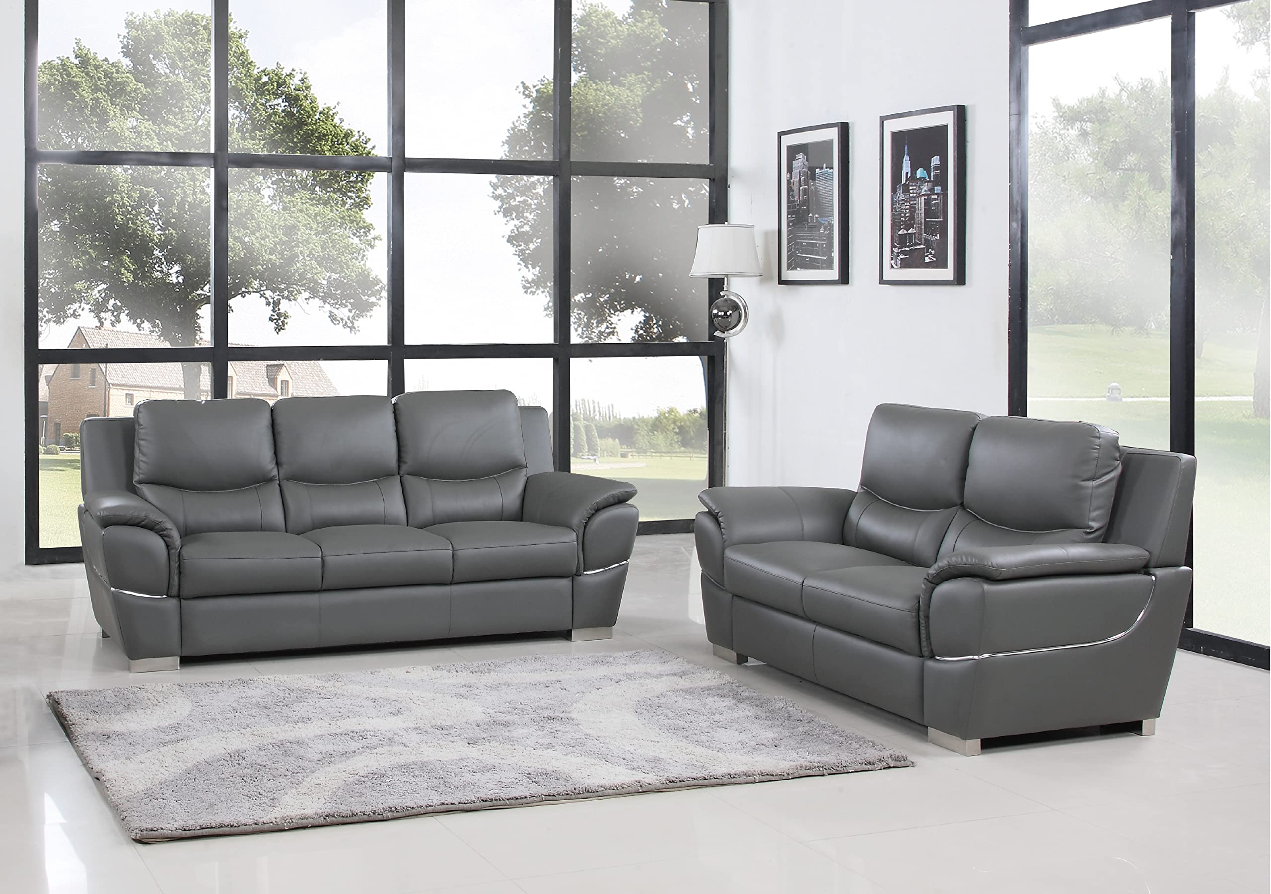 Binion Modern Genuine Leather Loveseat - 1-Piece Upholstered Sofa with Padded Headrest, Wide Arms & Chrome Accents for Living Room - Elegant Gray Leather Couch for Small Spaces, Apartments & Cozy Home Decor