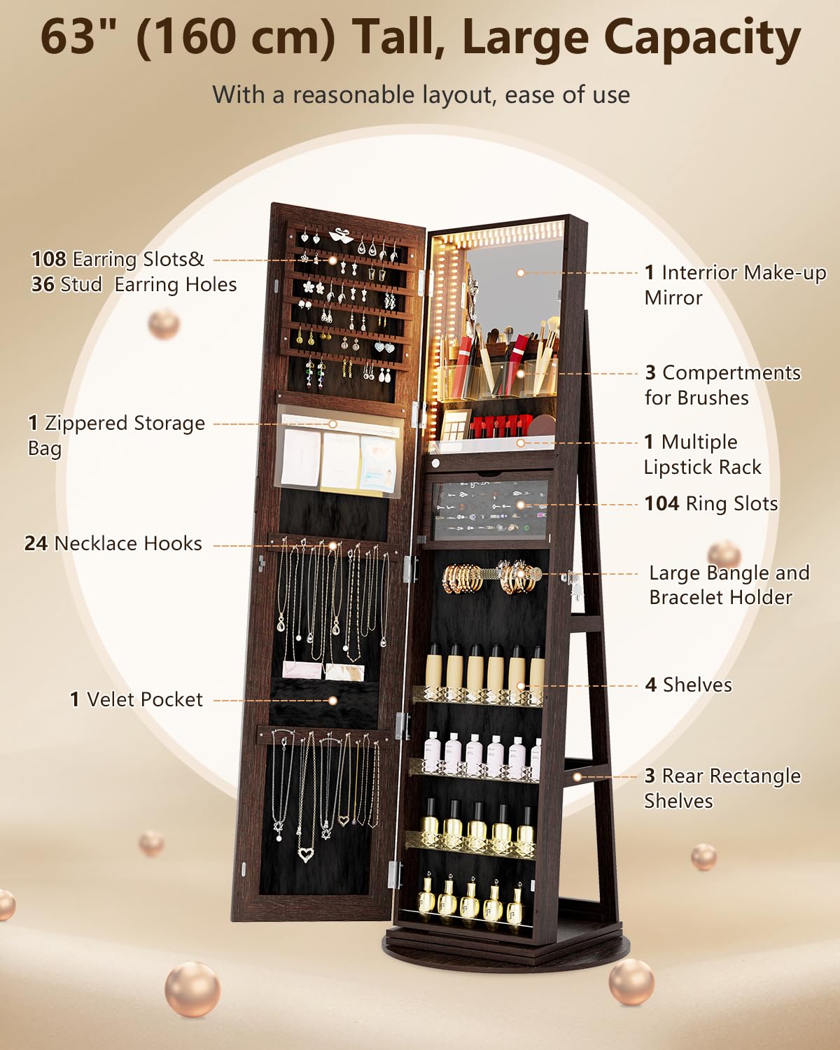 360° Rotating Jewelry Armoire with LED Lights - 63
