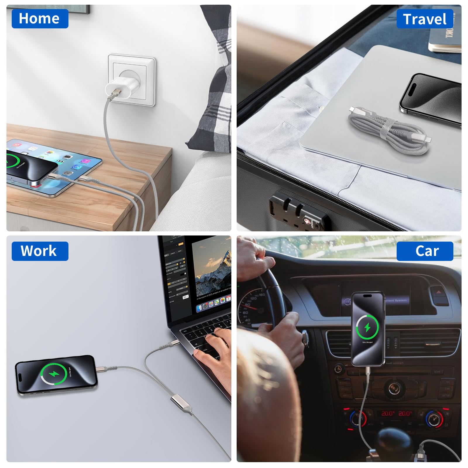 2-in-1 USB C Cable 140W Fast Charging - Compatible with iPhone 16/15 Series, MacBook, iPad, Samsung Galaxy - Braided USB C to USB C Charger Cord - Perfect for Travel, Home & Office Charging