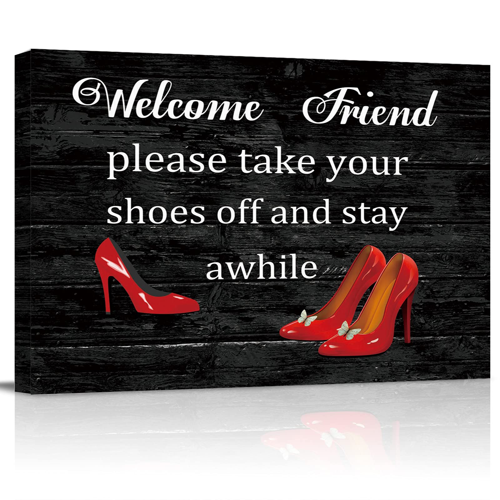 Red High Heels Welcome Sign Canvas Wall Art - 'Please Take Your Shoes Off' Framed Painting for Home Decor (20x24 Inches) - Perfect for Kitchen, Living Room, Office & Entryway Decorations