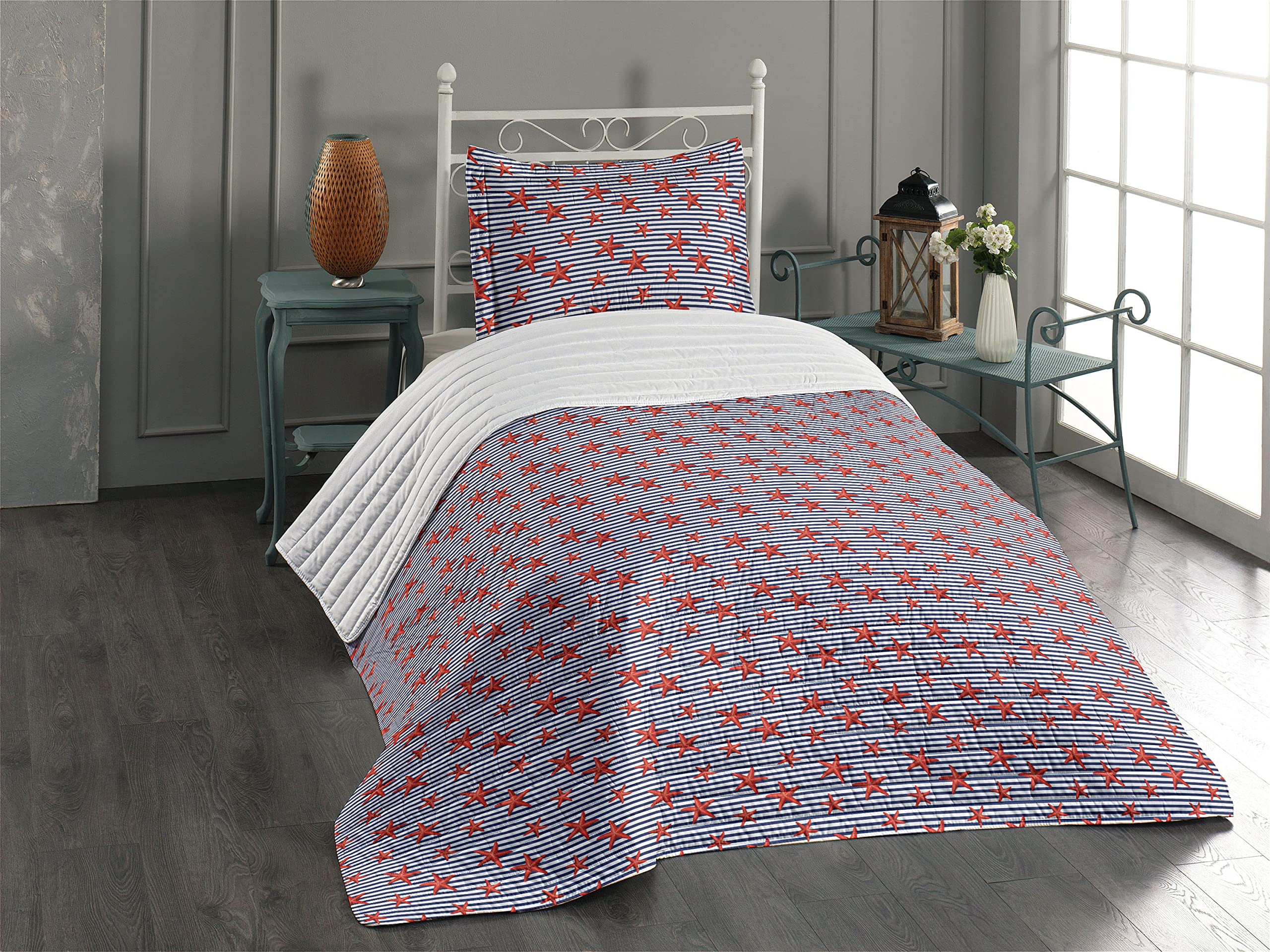 Ambesonne Starfish Microfiber Bedspread Set - Navy White Red Maritime Theme with Classic Stripes & Sea Stars | Soft Twin Size Bedding with Pillow Sham & Comforter | Perfect for Beach House, Coastal Decor & Nautical Bedroom