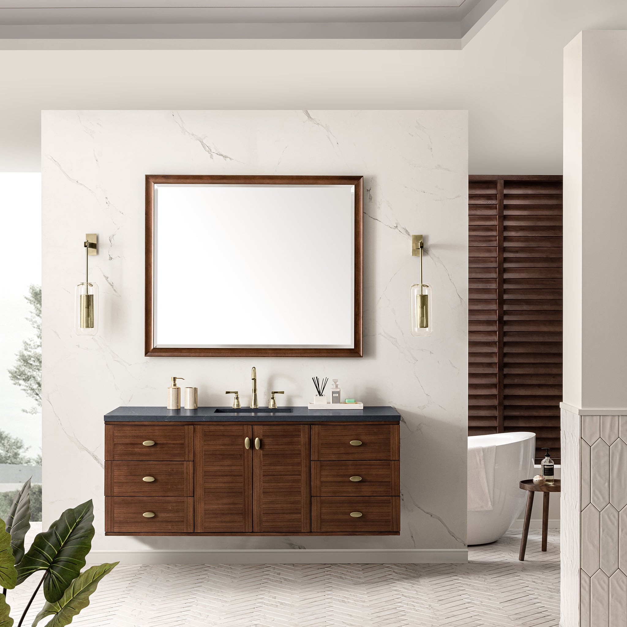 Amberly 60 Inch Single Bathroom Vanity with Mid-Century Walnut Finish & 3CM Charcoal Soapstone Top - Perfect for Modern and Vintage Bathroom Designs