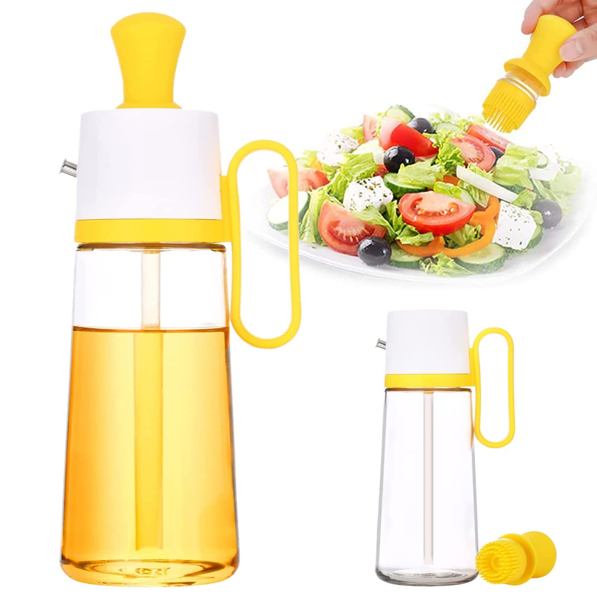3-in-1 Glass Olive Oil Dispenser Bottle with Brush - Kitchen Oil Bottle for Cooking, Frying, Baking & BBQ - Precise Measuring Oil Container - Vinegar Dispenser (Yellow) - Perfect for Home Chefs & Restaurant Use