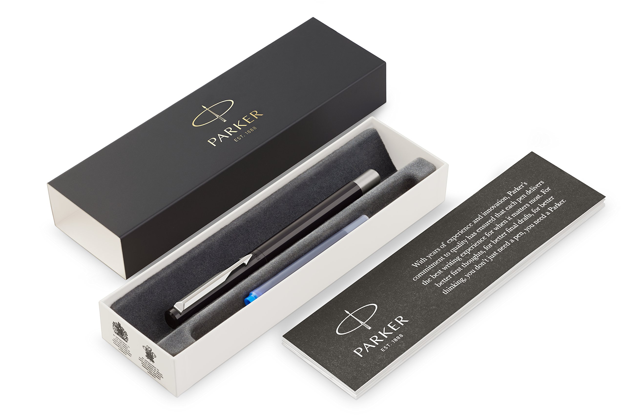 PARKER Vector Fountain Pen - Black with Chrome Trim, Fine Nib, Blue Ink in Gift Box | Premium Writing Instrument for Professionals, Students & Calligraphy | Ideal for Office, School & Luxury Gifts
