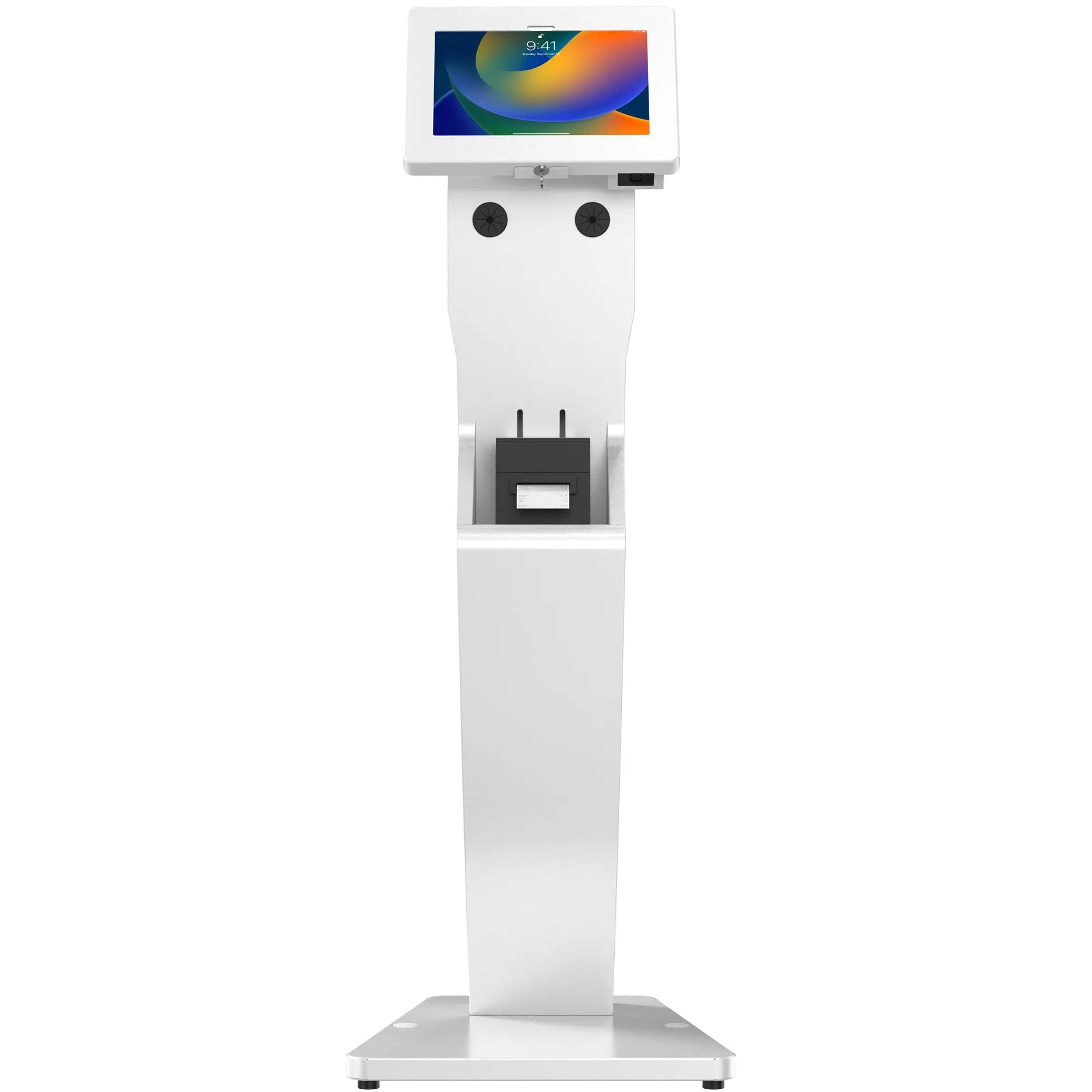 Sleek White Floor Stand with Printer Slot & Security Enclosure - Integrated Honeywell 2D Barcode Scanner for Retail Stores, Warehouses & Checkout Counters