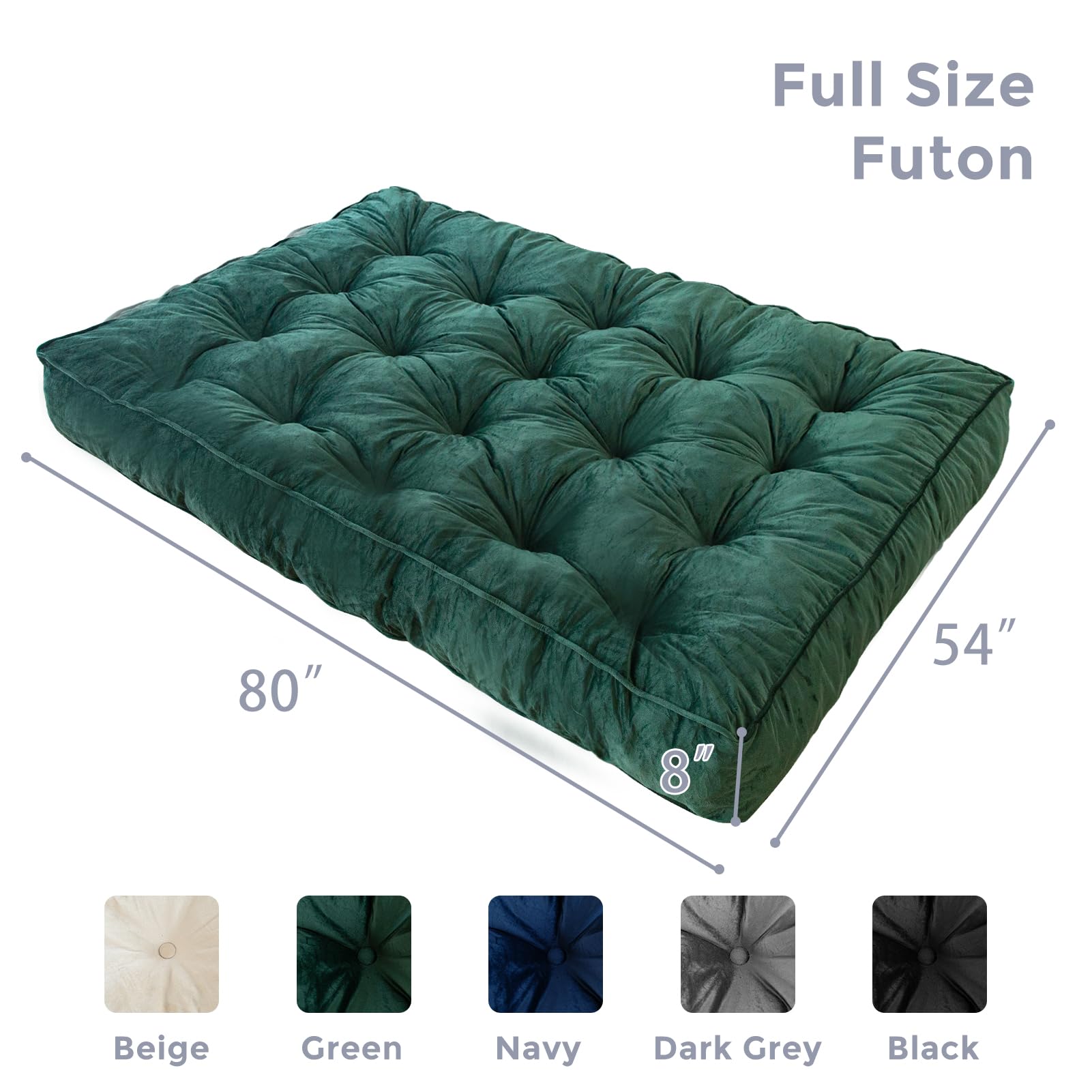MAXYOYO 8-Inch Thick Velvet Tufted Futon Mattress for Sofa Bed - Green (Mattress Only) | Comfortable Sleeping Solution for Adults, Perfect for Small Apartments, Guest Rooms & Dorm Rooms