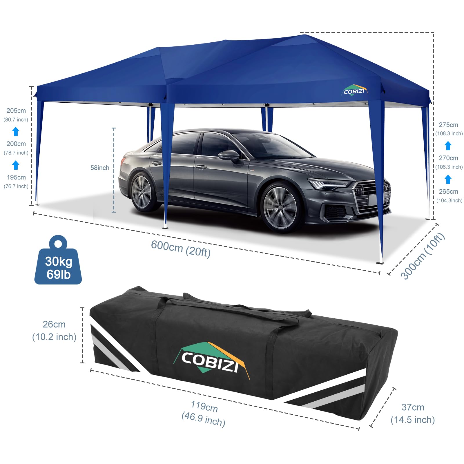 COBIZI 10x20 Pop Up Canopy Tent with 6 Sidewalls - Waterproof Instant Shelter for Outdoor Events, Parties, Beach & Camping | Commercial Grade Ez Up Tent with Carry Bag (Navy Blue) | Perfect for Farmers Markets, Tailgating, and Backyard Gatherings