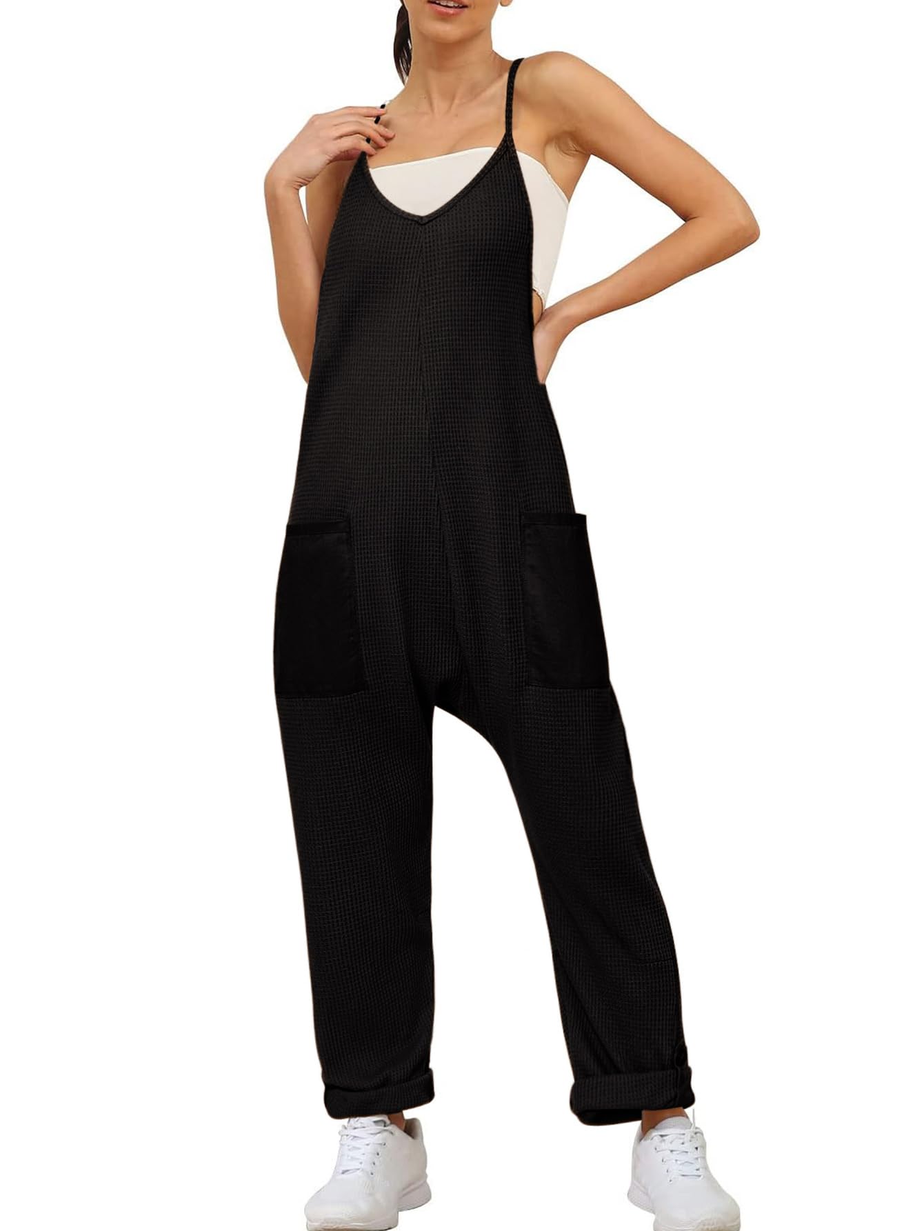 Glamaker Women's Casual Waffle Knit Jumpsuit - Loose Fit Spaghetti Strap Overalls, Baggy Sleeveless Maternity Romper for Pregnancy & Summer Outings - Perfect for Beach, Travel & Lounge Wear