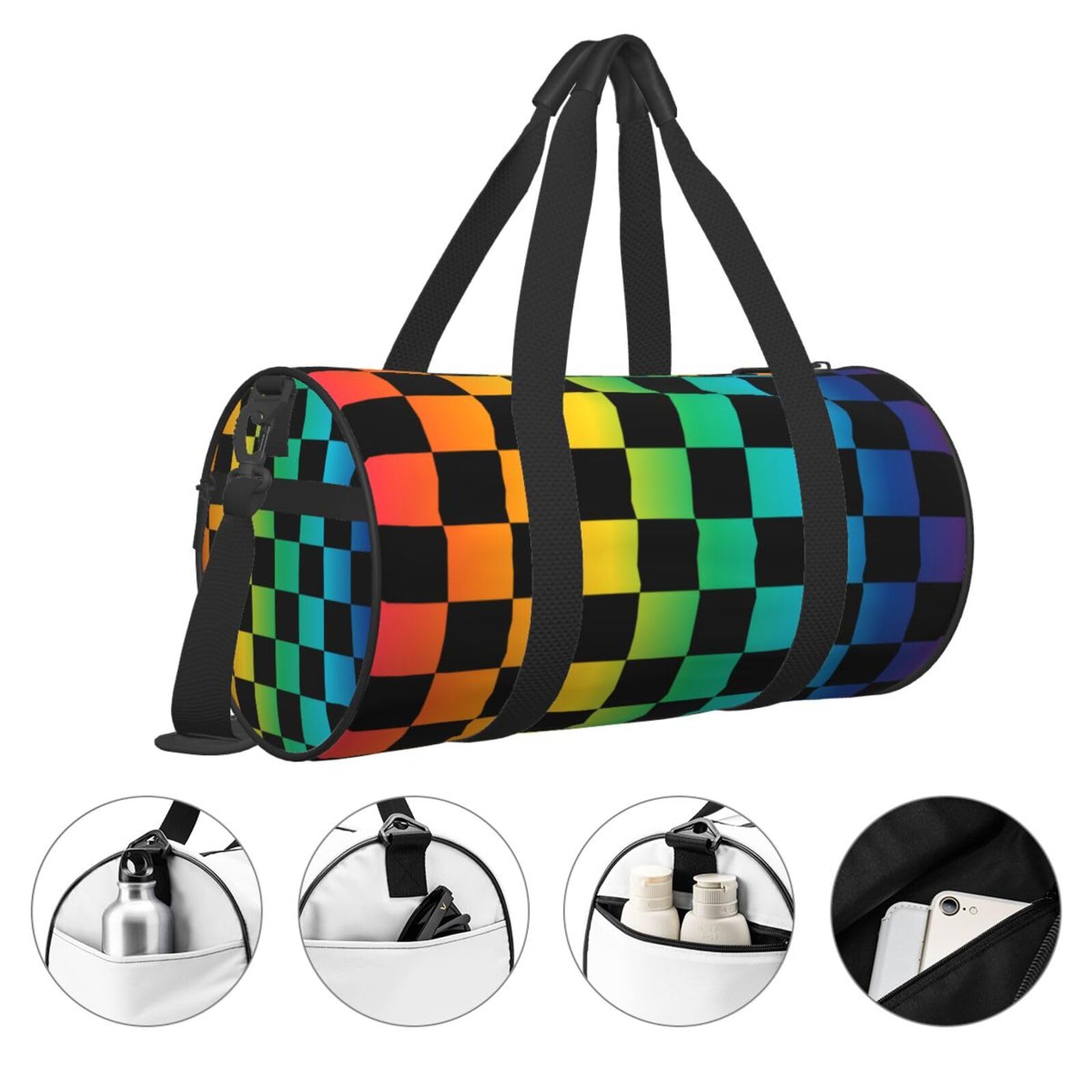 Rainbow Checkered Gym Bag - Lightweight Foldable Duffle Bag with Shoes Compartment for Men & Women | Perfect for Yoga, Sports, Travel & Workout