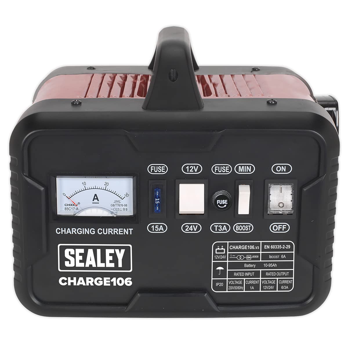 Sealey CHARGE106 8Amp 12V/24V 230V Battery Charger for Cars, Trucks & Marine Vehicles - Fast Charging & Maintenance Mode for Long-Term Storage