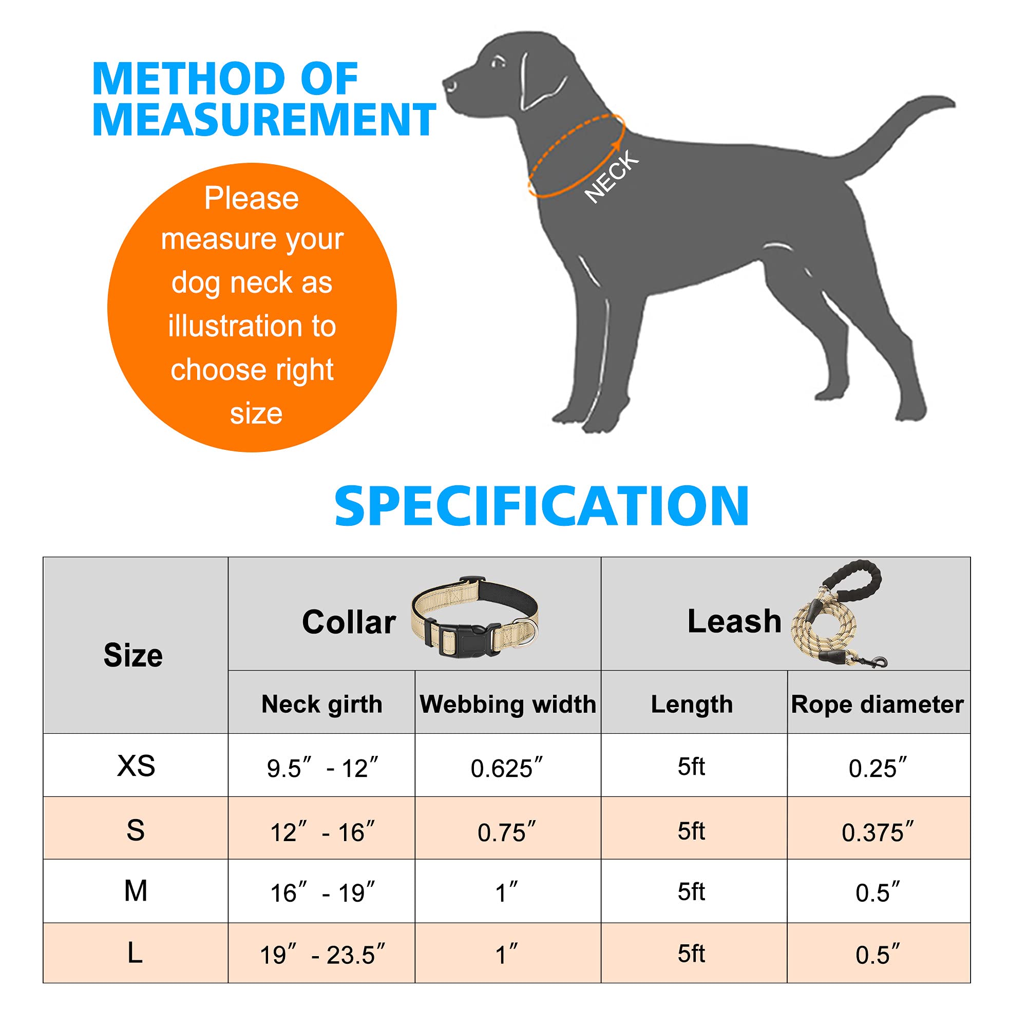 Reflective Dog Collar with Soft Neoprene Padding - Breathable Adjustable Nylon Collar for Small, Medium & Large Dogs - High Visibility Safety Collar for Night Walks (Small, Vanilla Collar + Leash) - Perfect for Evening Dog Walks, Jogging & Outdoor Adventures