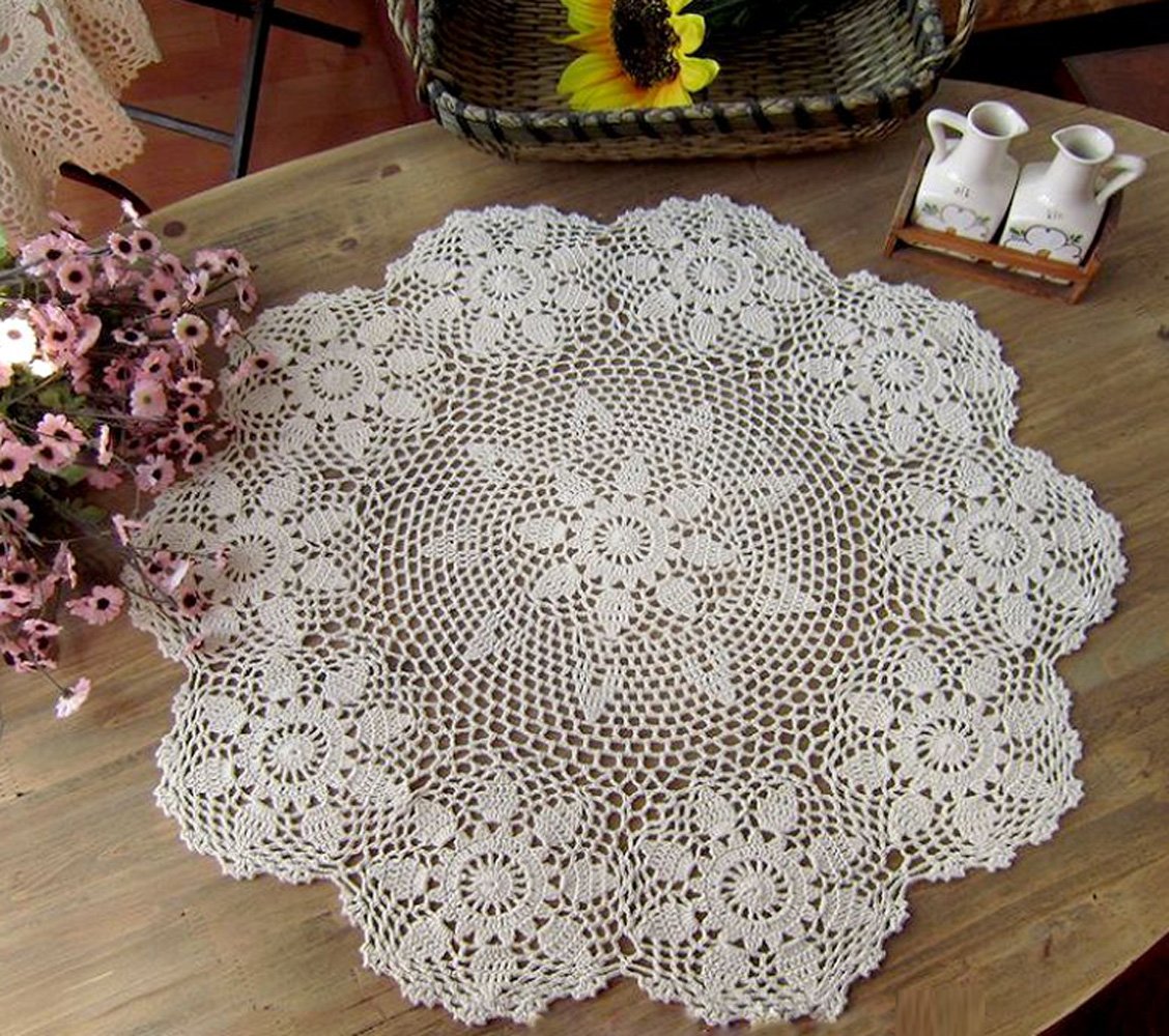Handmade Cotton Crochet Lace Round Table Runner - 27 Inch Beige Doily Tablecloth for Dining Table, Coffee Table, Dresser Decor - Elegant Home Decor for Weddings, Parties & Everyday Use