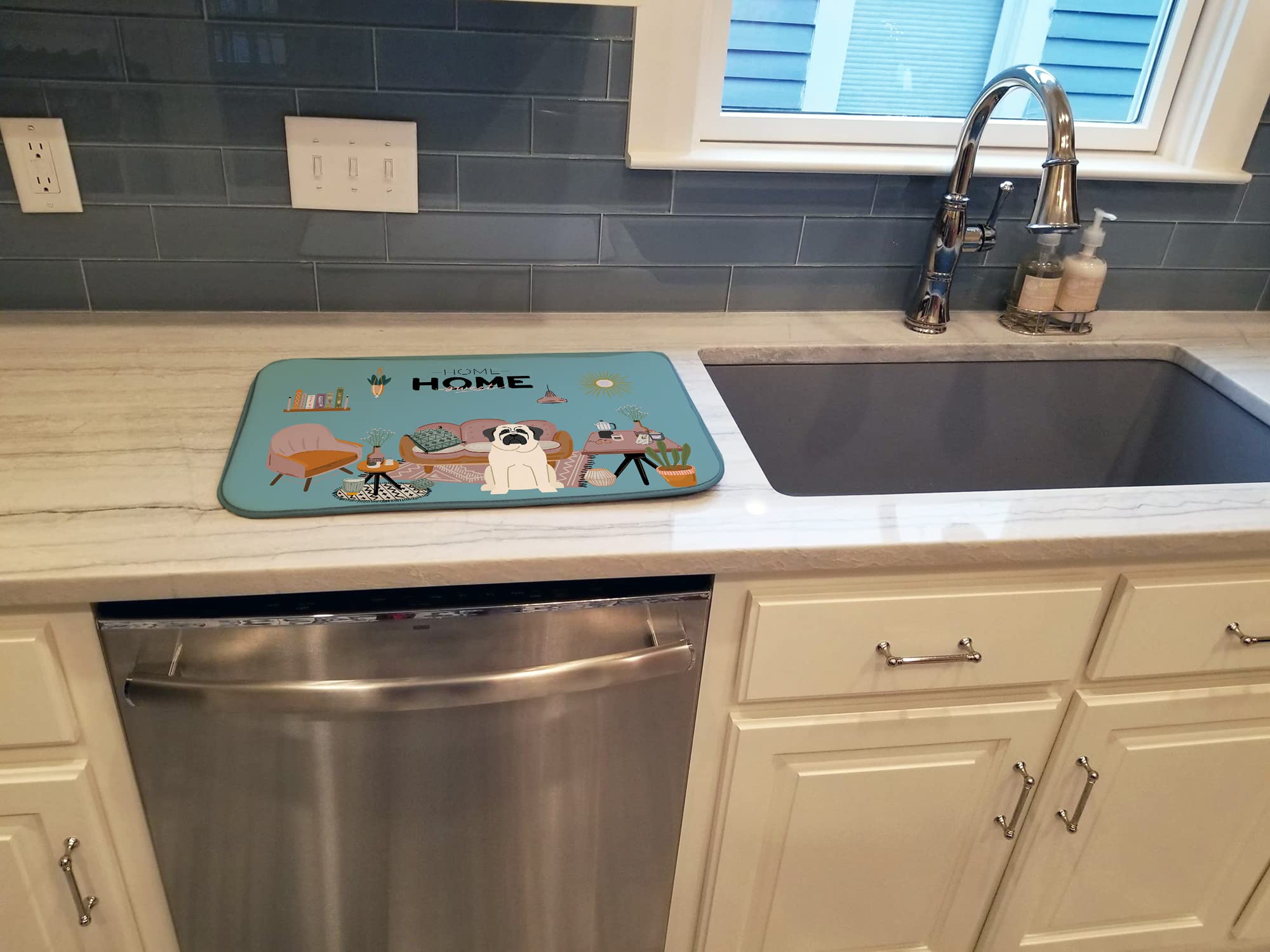 White Mastiff Dish Drying Mat - Absorbent Kitchen Counter Pad (14x21