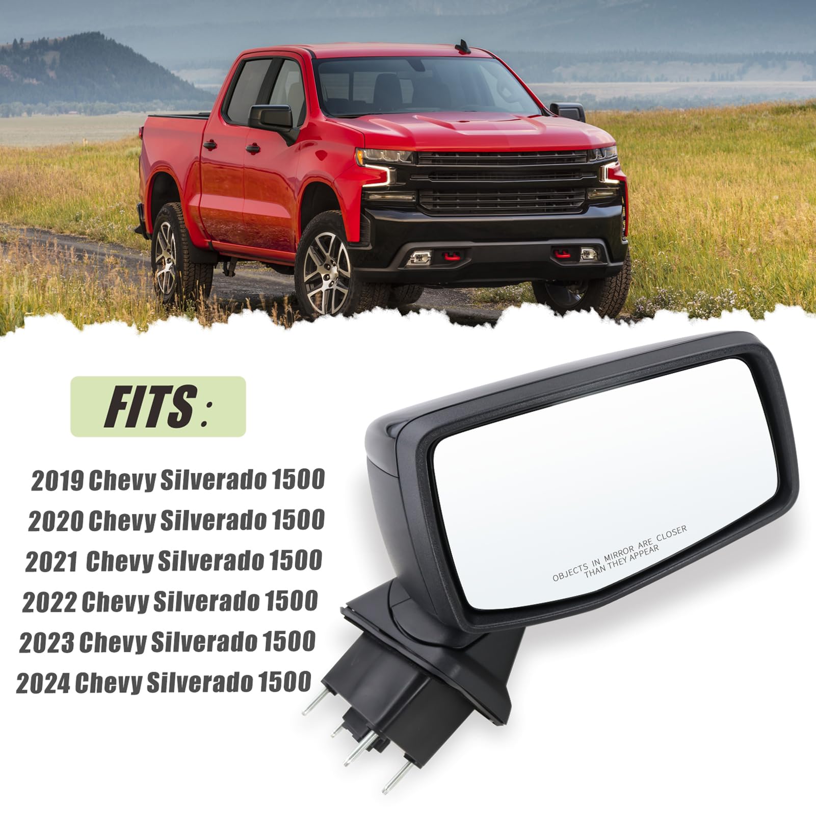 Right Passenger Side Mirror Replacement for 2019-2024 Chevy Silverado 1500 - Power Glass, Manual Folding, Heated (No Turn Signal) - Compatible with #GM1321583 (7-Pin) - Perfect for Winter Driving & Truck Maintenance