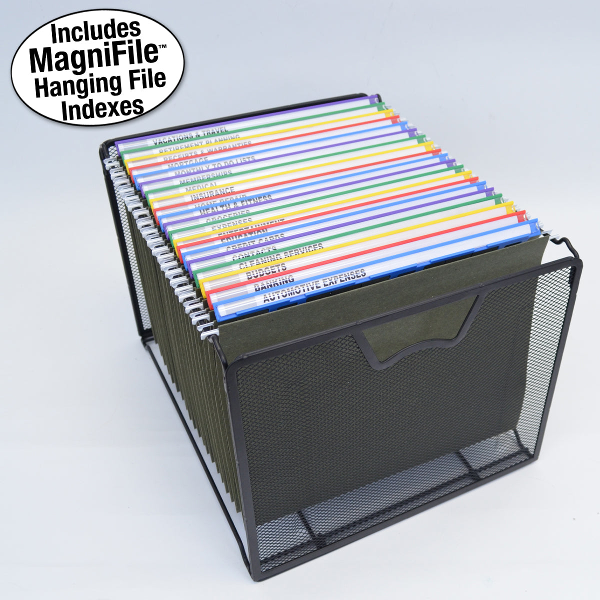 Ultimate Mesh Hanging File Organizer with 20 MagniFile™ Hanging File Indexes - Black & Color Options for Office Document Organization | Perfect for Filing Cabinets, Desk Drawers & Home Office Storage