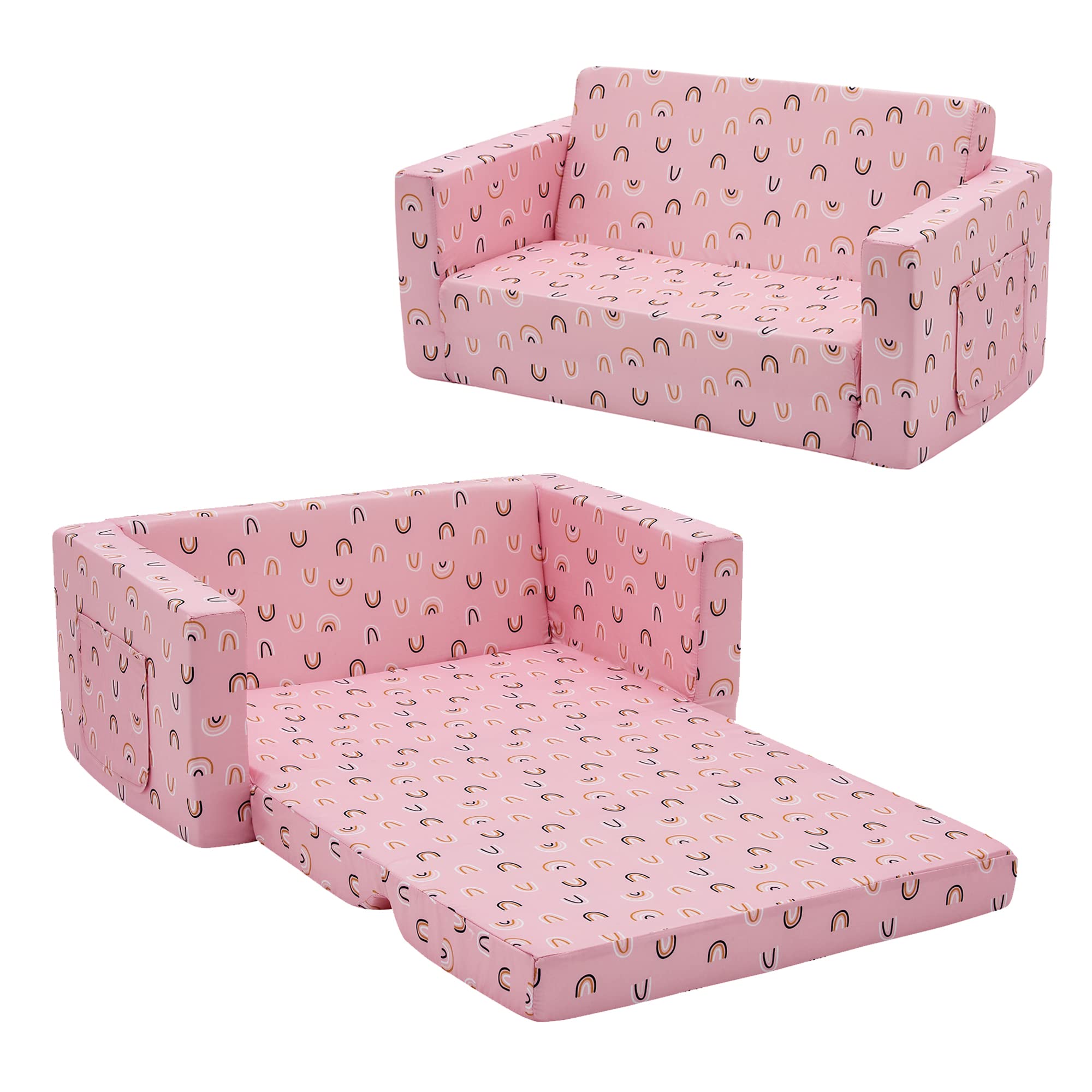 Ulax Kids 2-in-1 Fold Out Couch & Lounger - Convertible Sofa Bed for Children with Soft Plush Fabric (Pink Rainbow) - Perfect for Playrooms, Bedrooms & Sleepovers