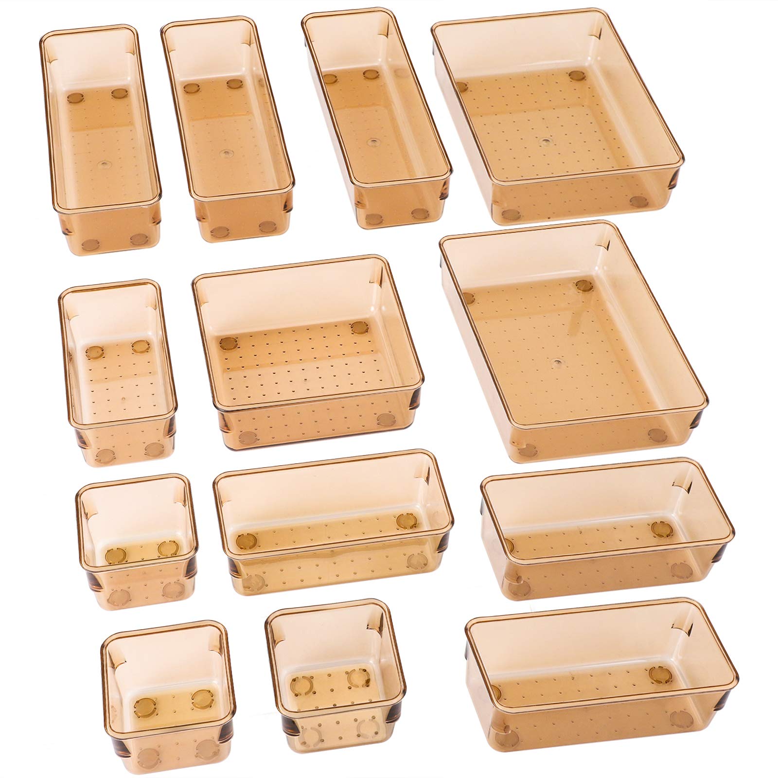 SMARTAKE 13-Piece Drawer Organizer Set with Non-Slip Silicone Pads - 5-Size Storage Trays for Makeup, Jewelry, Utensils - Perfect for Bedroom Dresser, Office Desk & Kitchen Cabinets (Light Brown) | Space-Saving Home Organization Solution