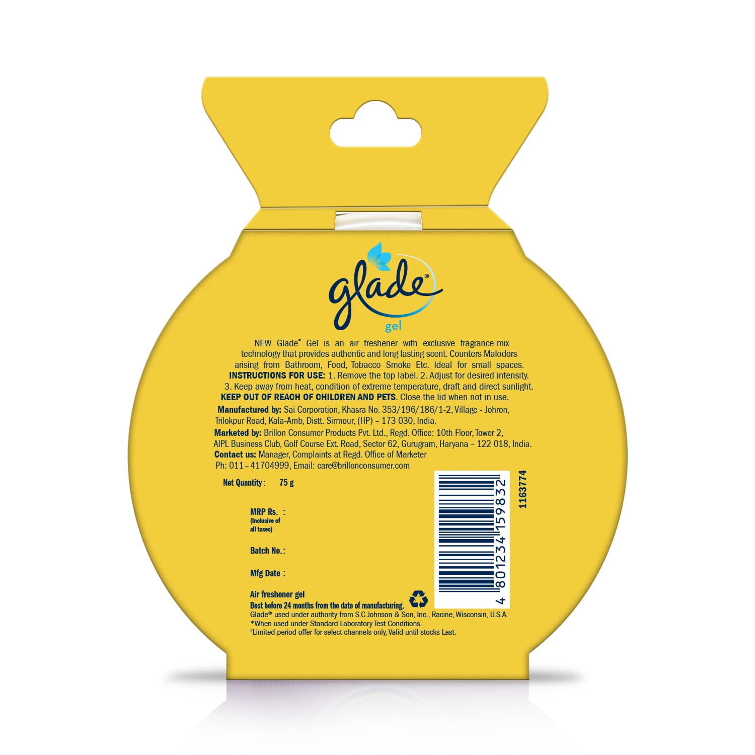 Glade Gel Air Freshener - 75g Lemon Scent | Long-Lasting Home & Car Odor Eliminator | Bathroom, Kitchen, Office & Closet Freshener Gel