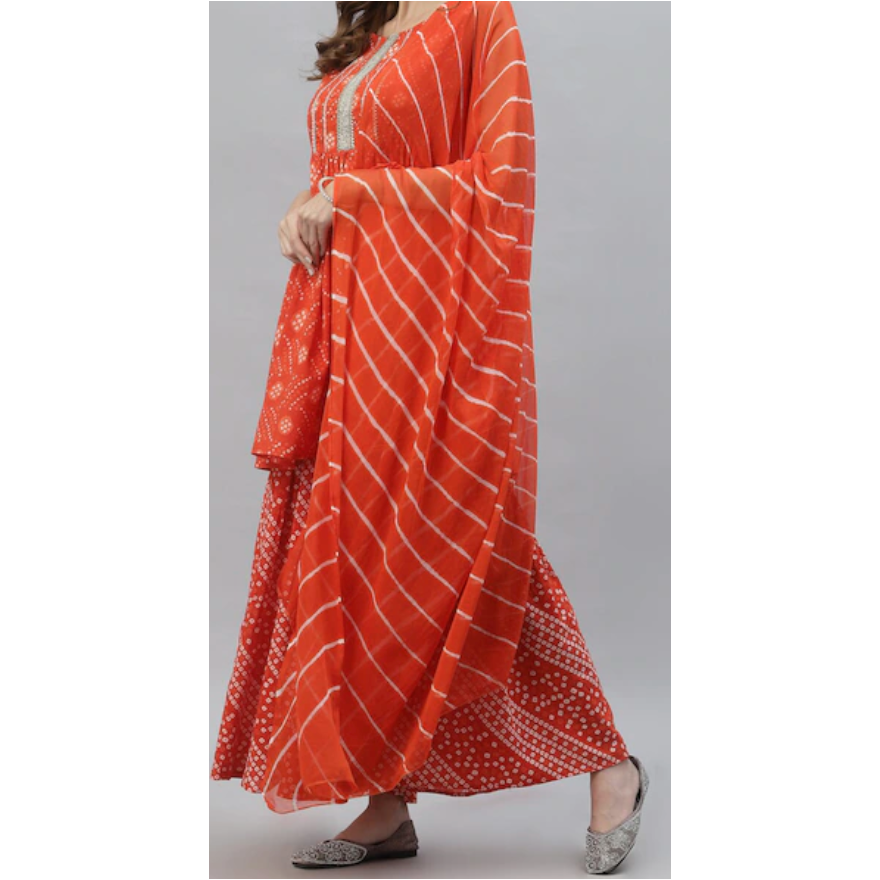 Women's Festive Orange Bandhini Printed Cotton Kurta Set - Perfect for Diwali, Weddings & Ethnic Parties | Comfortable Traditional Indian Outfit