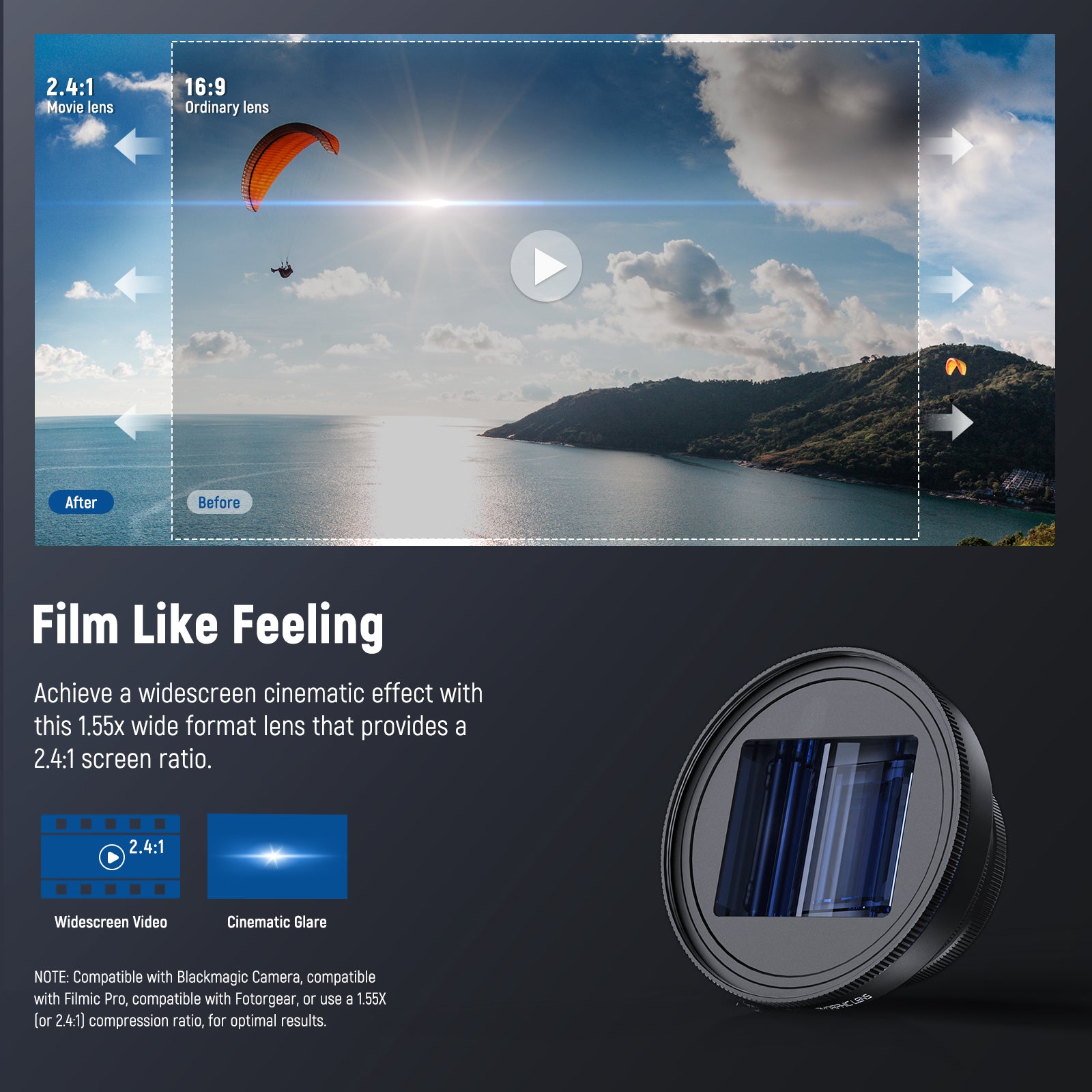 NEEWER LS 43 PRO 1.55x Blue Flare Anamorphic Lens - 17mm Thread Mount for DSLR & Mirrorless Cameras - Perfect for Cinematic Videography & Filmmaking