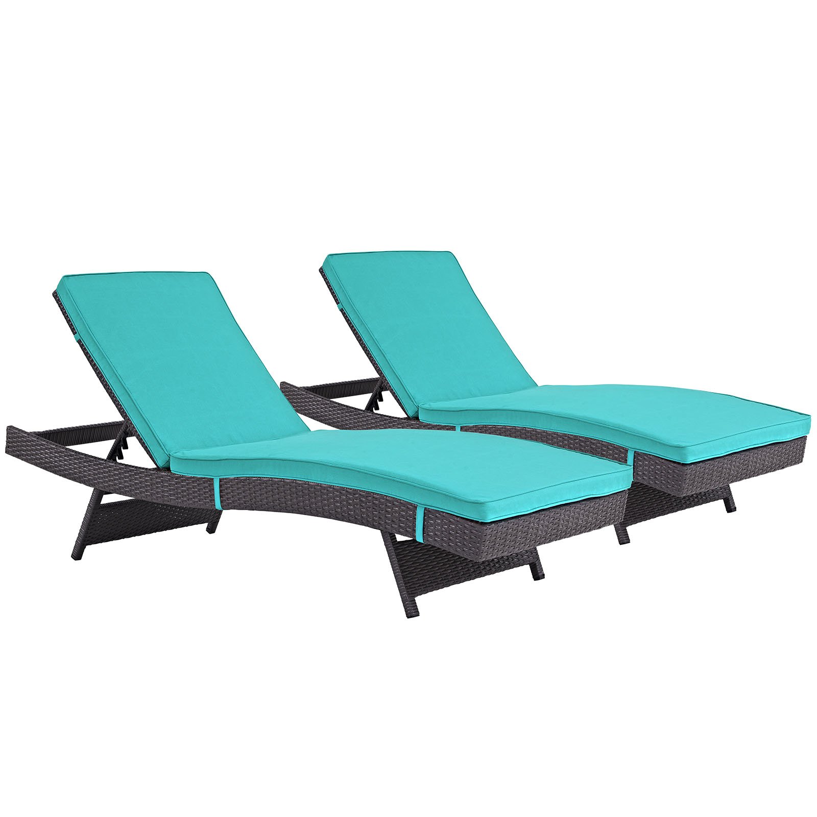 Modway Convene Wicker Rattan Outdoor Patio Chaise Lounge Chairs Set of 2 - Espresso & Turquoise Color for Poolside, Garden, and Backyard Relaxation
