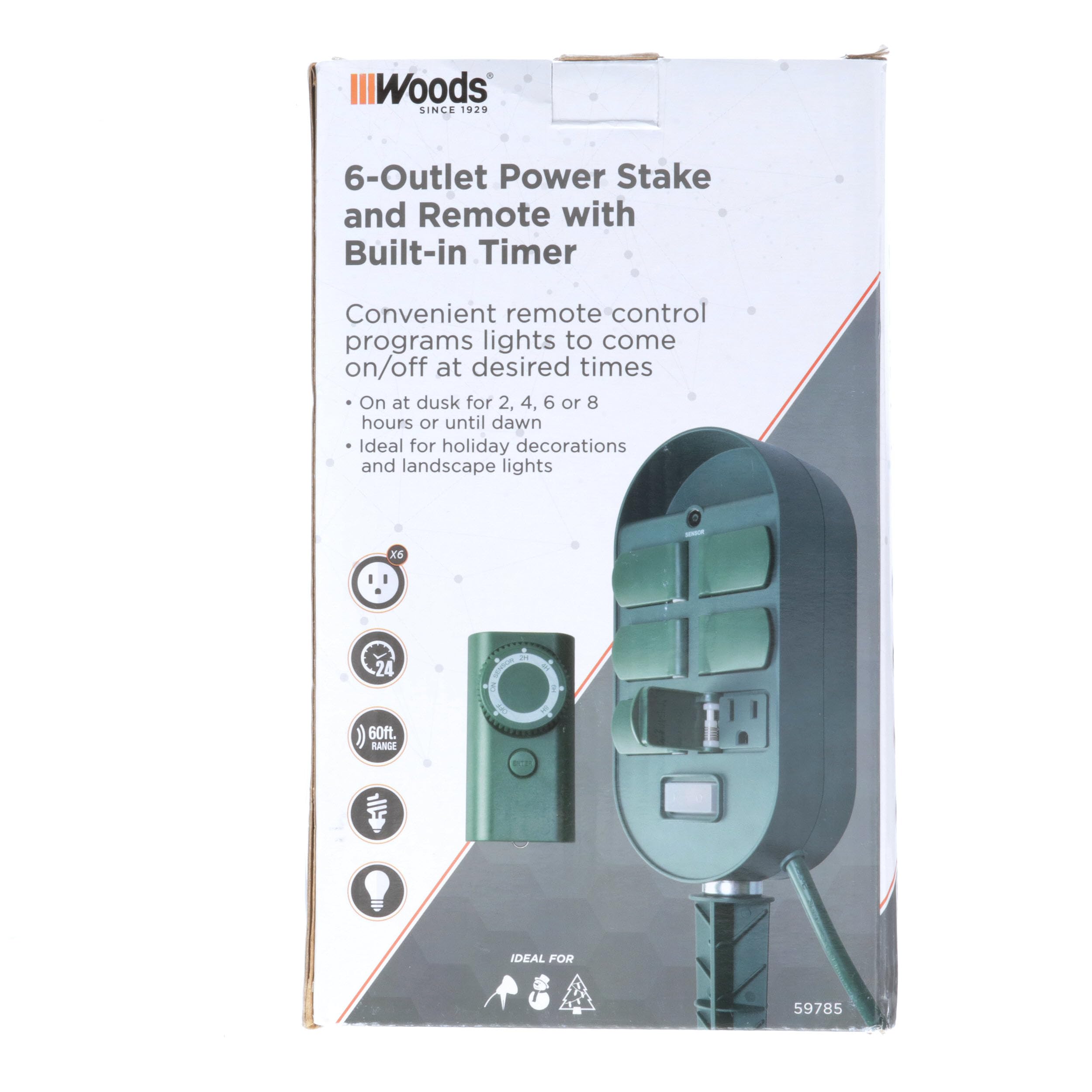 Woods 59785WD 6-Outlet Outdoor Yard Stake Timer with Photocell & Wireless Remote - Green - Perfect for Garden Lighting, Holiday Decorations & Landscape Automation