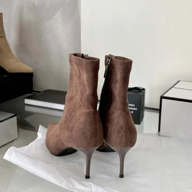Sexy Thin Low Heel Pointed Toe Ankle Boots for Women - Fashion Party Shoes with Zipper - Spring & Autumn Short Booties for Night Out, Dating & Office Wear