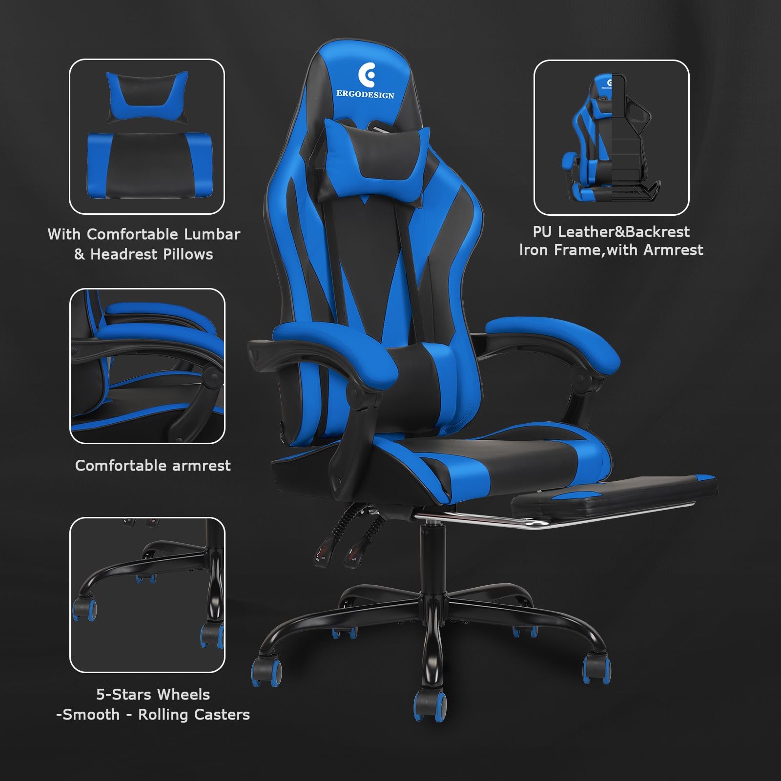 Premium Gaming Chair with Adjustable Linkage Armrest & Footrest - Ergonomic High Back Video Game Chair for PC & Console Gamers - Black & Blue - Perfect for Esports, Streaming & Long Gaming Sessions