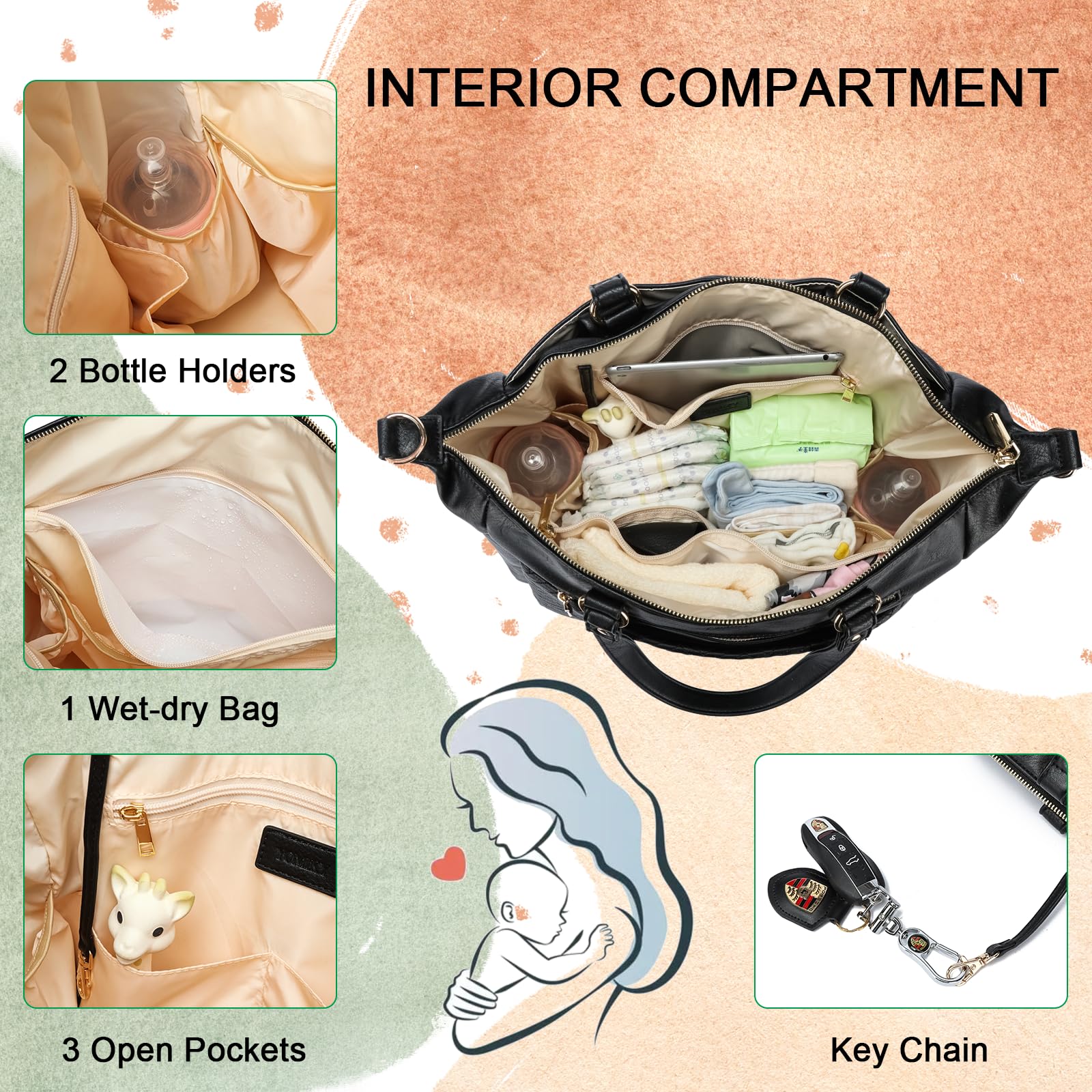 Yomiky Premium Leather Diaper Bag Backpack & Tote - Large Compartment, Multiple Pockets for Baby Essentials | Perfect for Travel, Outings & Parenting On-The-Go